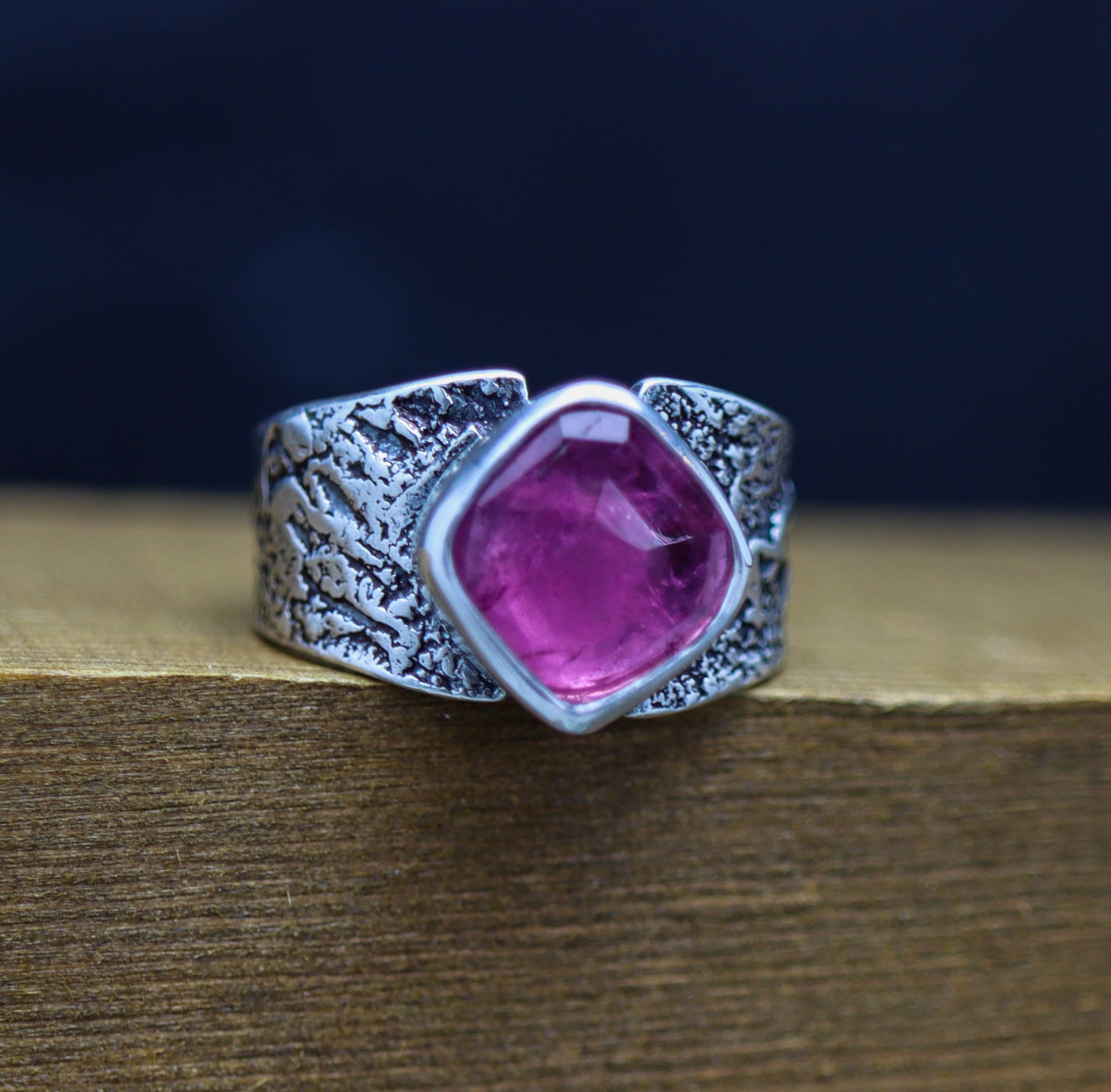 Pink Tourmaline Sterling Silver Wide Band Ring