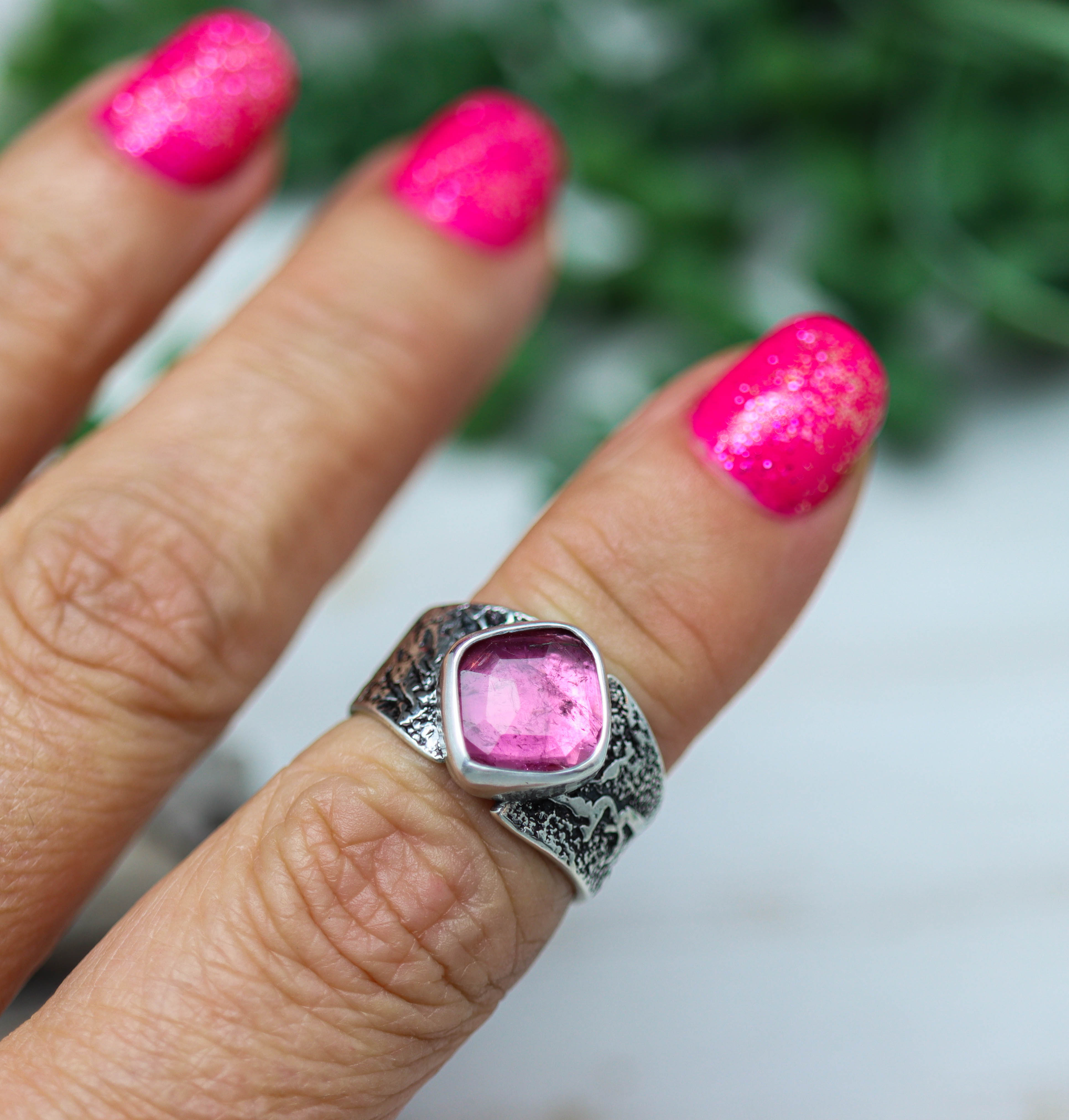 Pink Tourmaline Sterling Silver Wide Band Ring