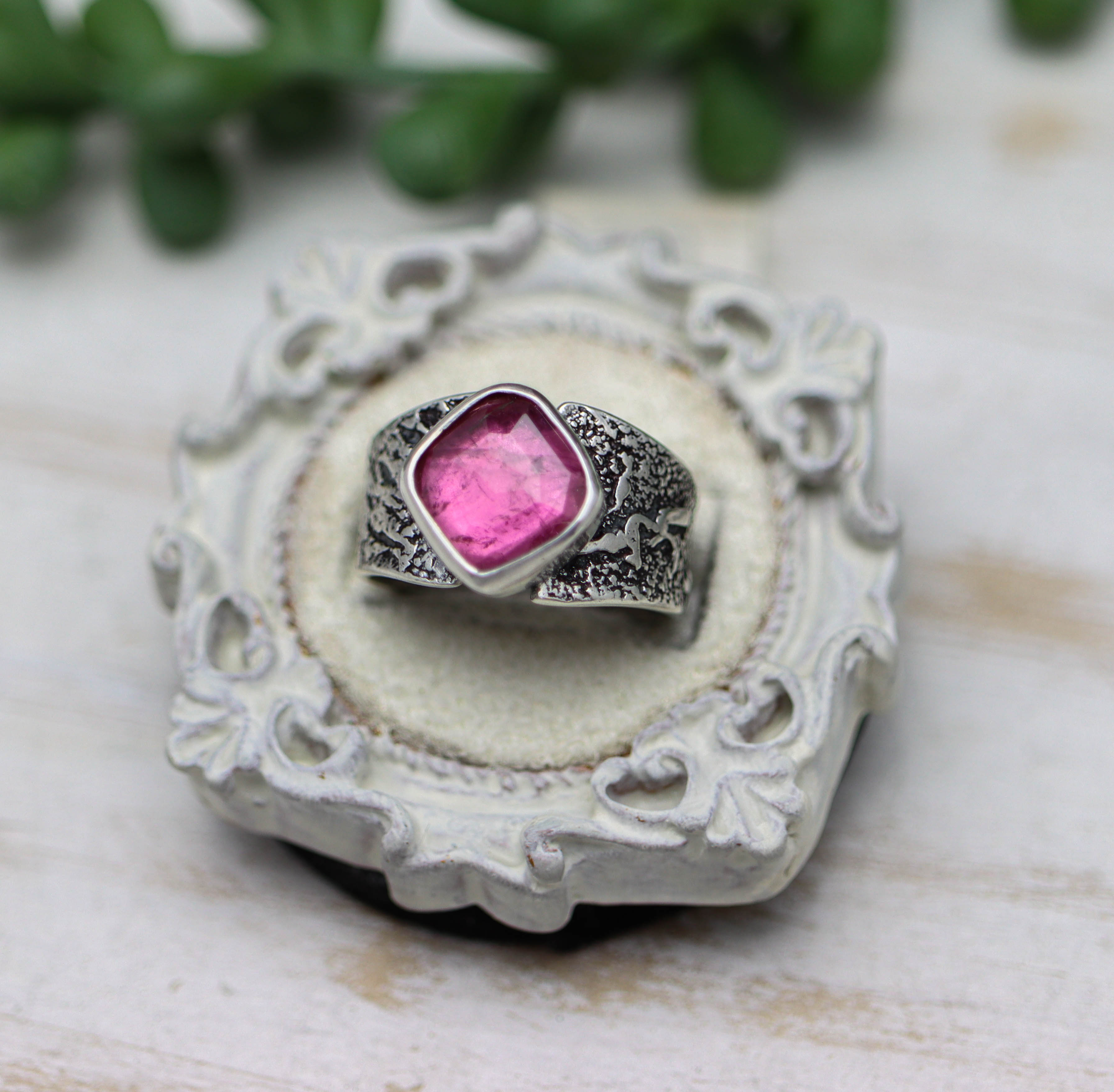 Pink Tourmaline Sterling Silver Wide Band Ring