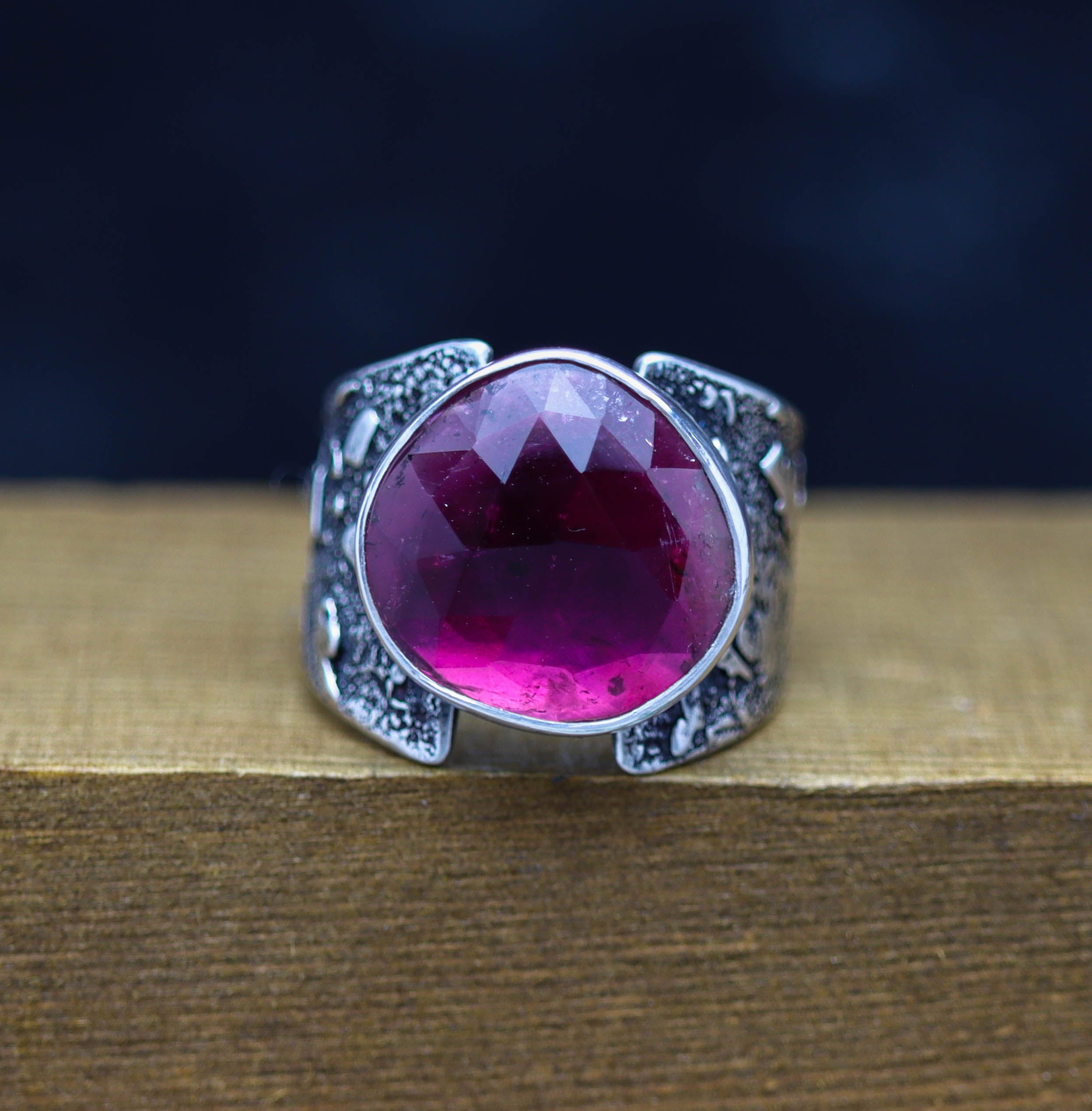 Pink Watermelon Tourmaline Sterling Silver Wide Band Ring