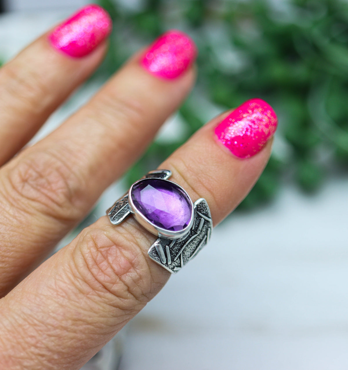 Amethyst Sterling Silver Wide Band Ring Size 7.5