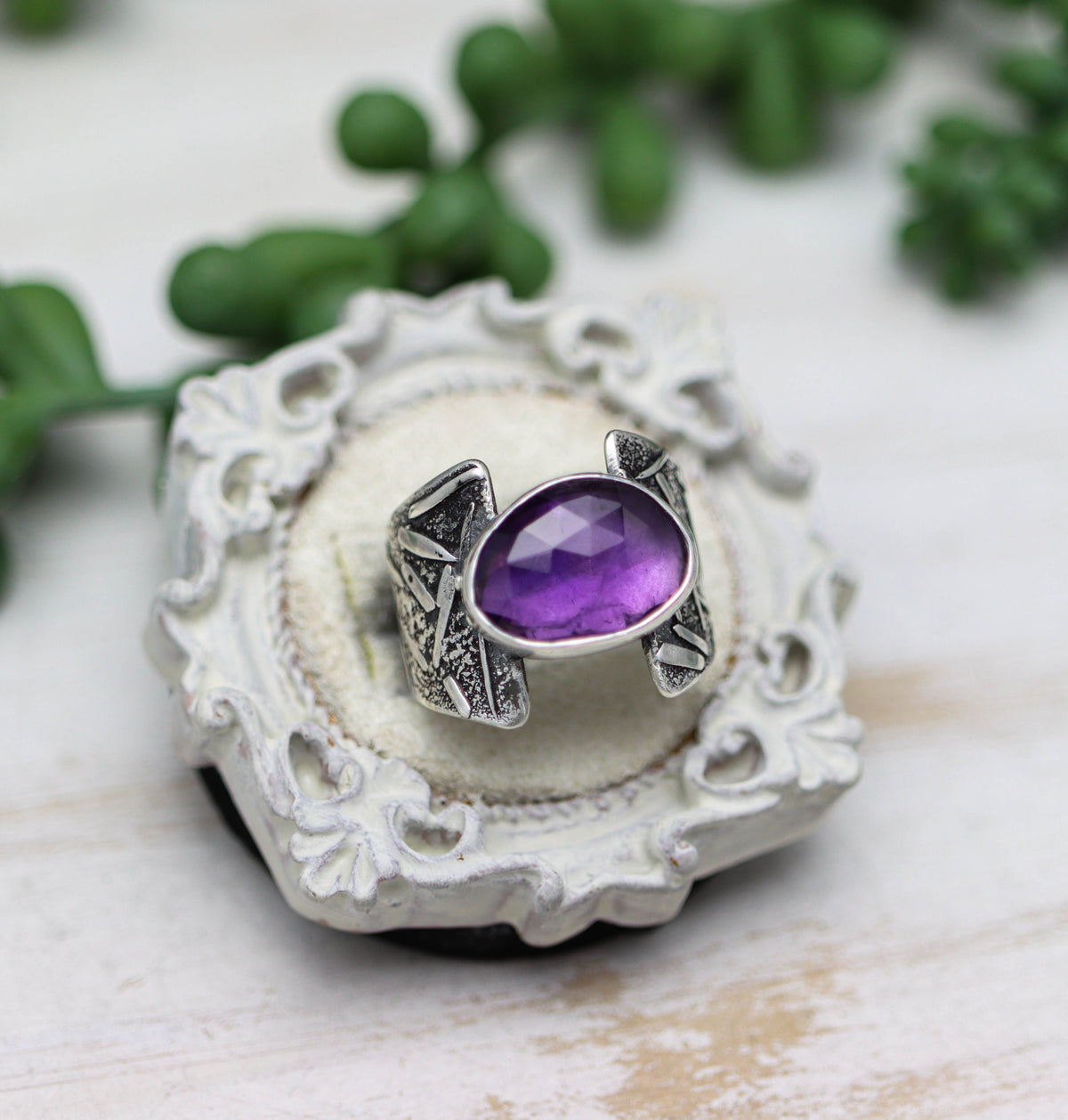 Amethyst Sterling Silver Wide Band Ring Size 7.5