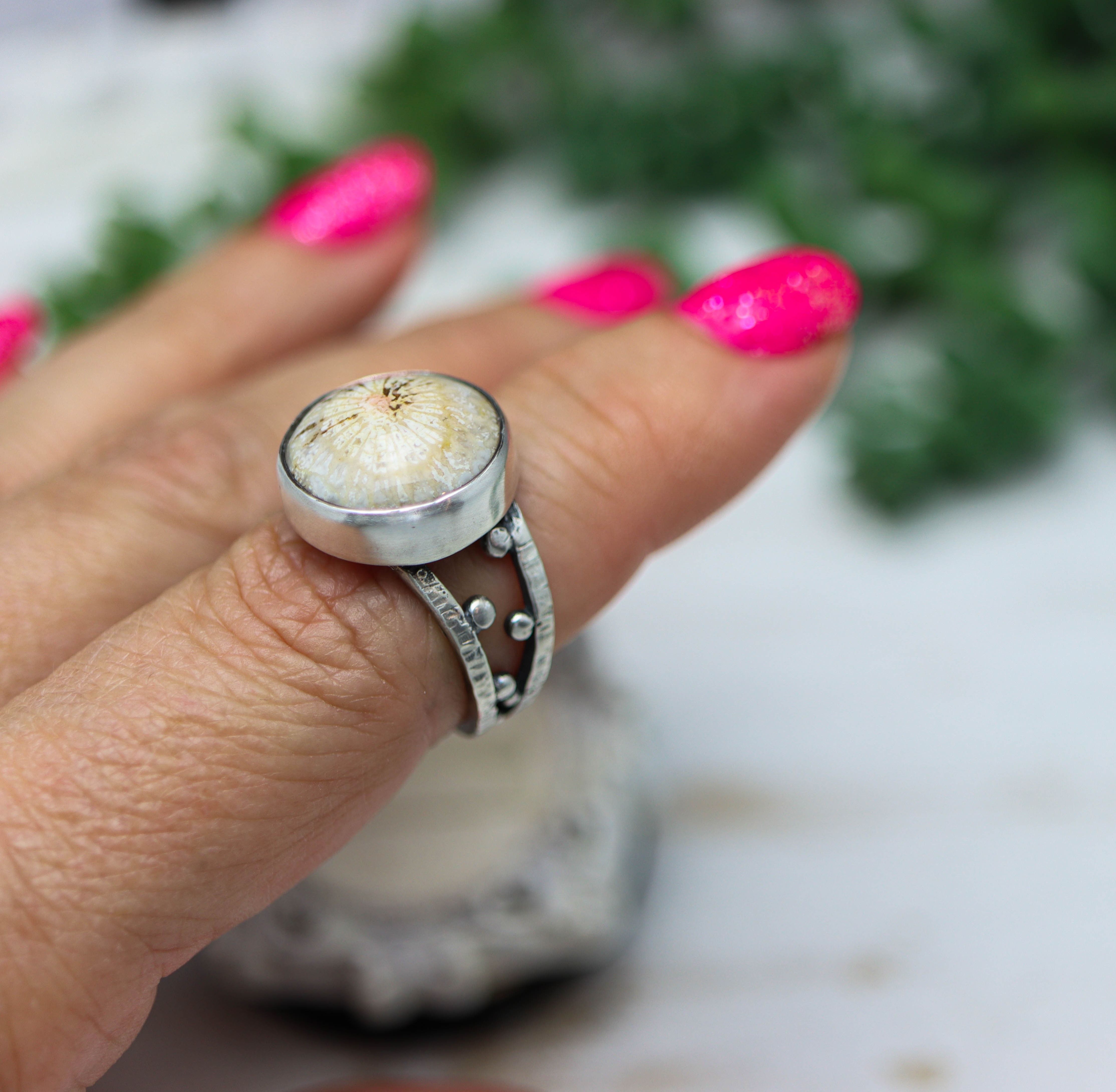 Fossil Coral Sterling Silver Bubble Band Ring Size 8.5