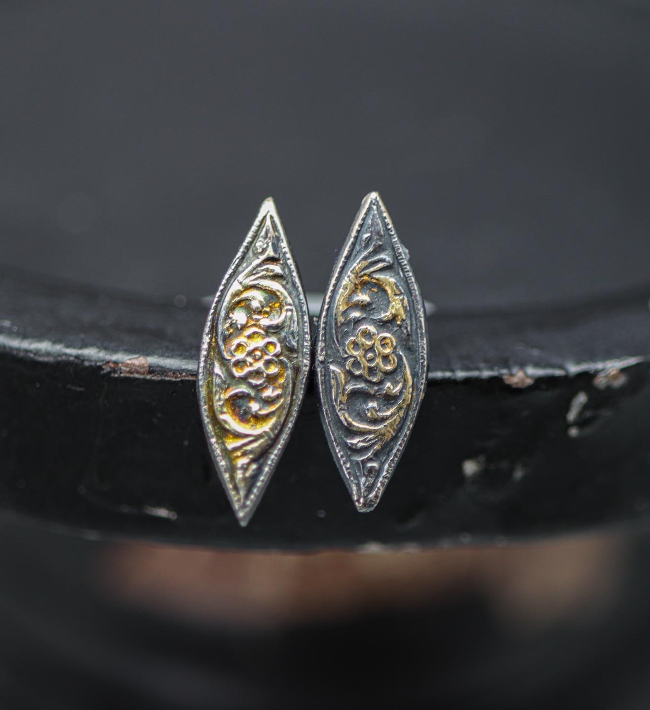 Marquis Flower Stud Earrings Fine and Sterling Silver and 22k Gold