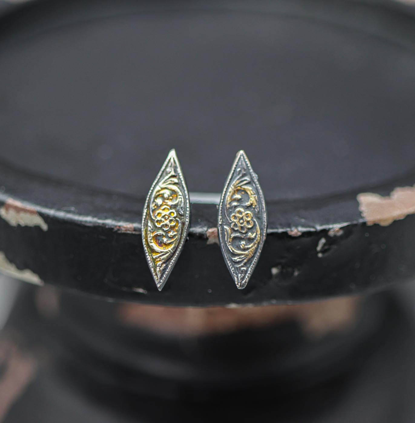 Marquis Flower Stud Earrings Fine and Sterling Silver and 22k Gold