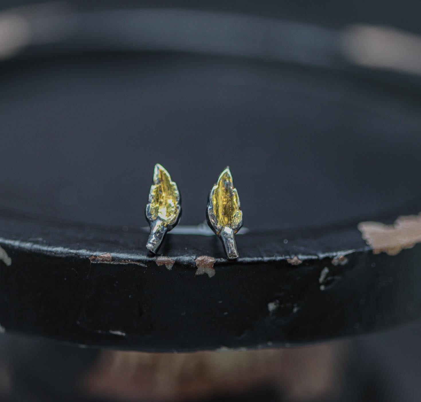 Leaf Stud Earrings Fine and Sterling Silver with 24k Gold