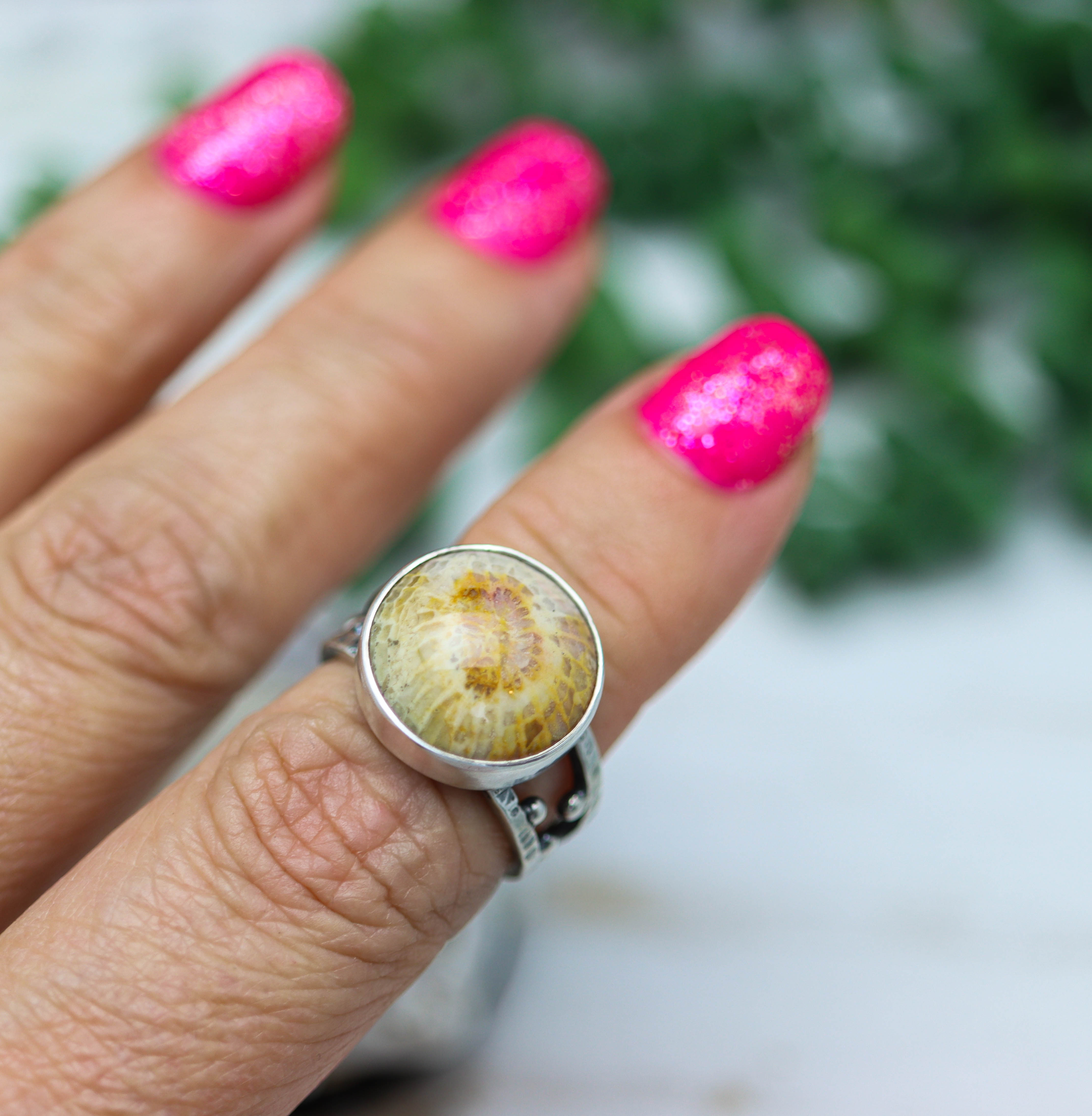 Fossil Coral Sterling Silver Bubble Band Ring Size 7.25