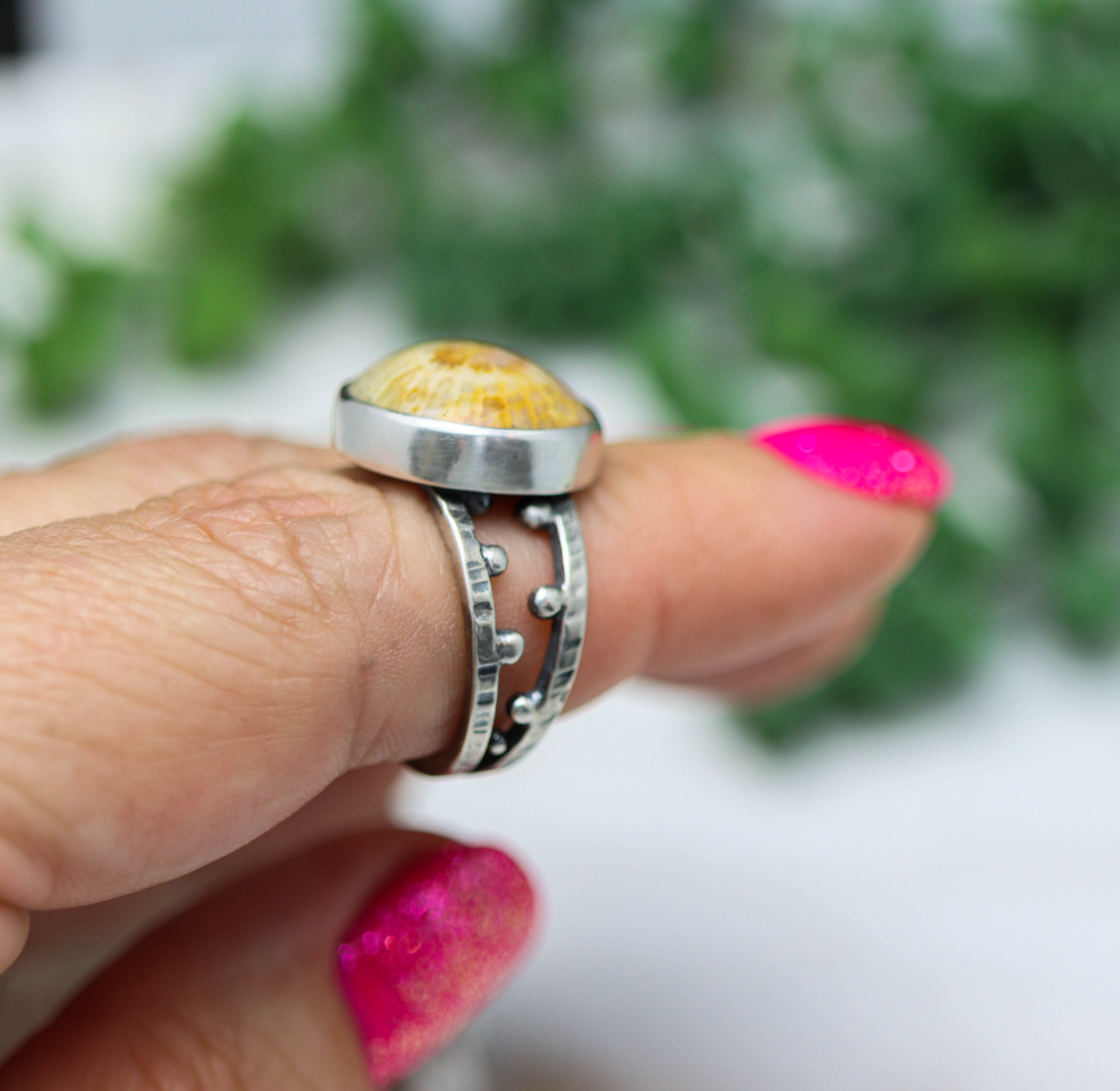 Fossil Coral Sterling Silver Bubble Band Ring Size 7.25
