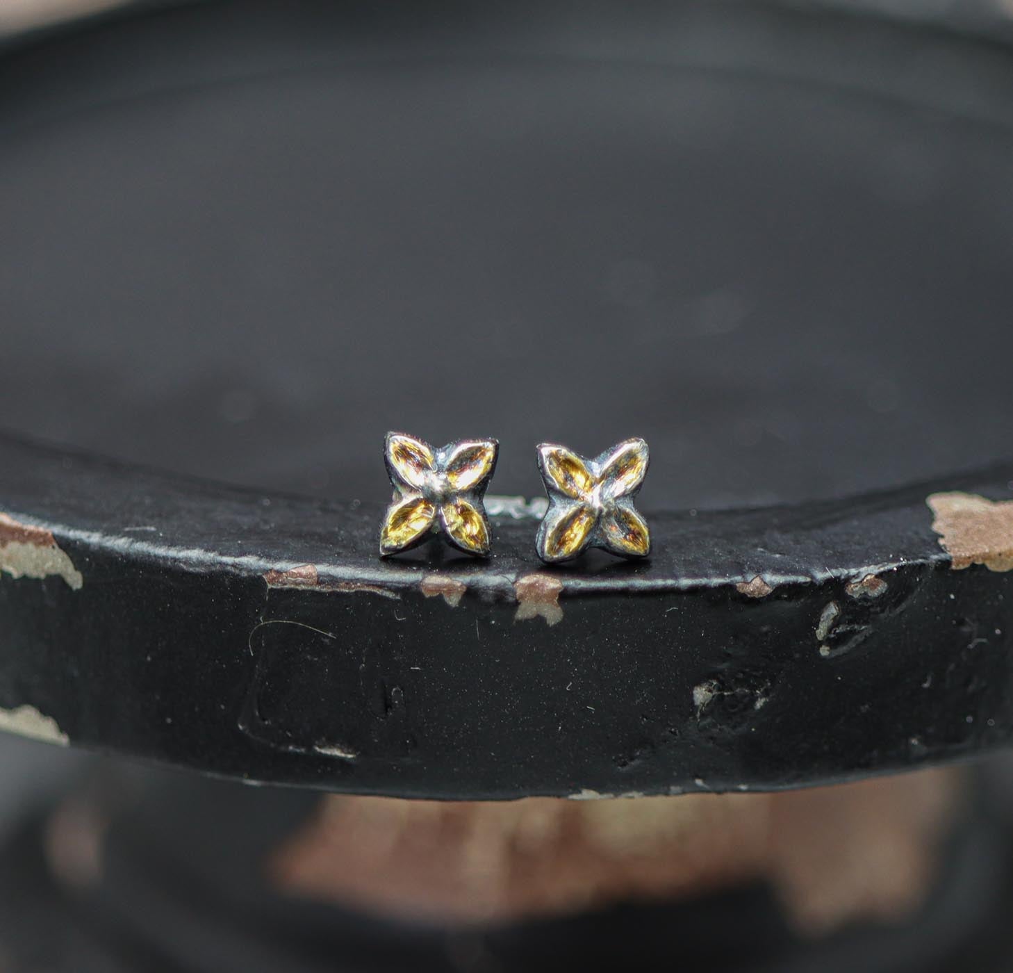 Small Four Petal Flower Stud Earrings Sterling Silver and 24k gold