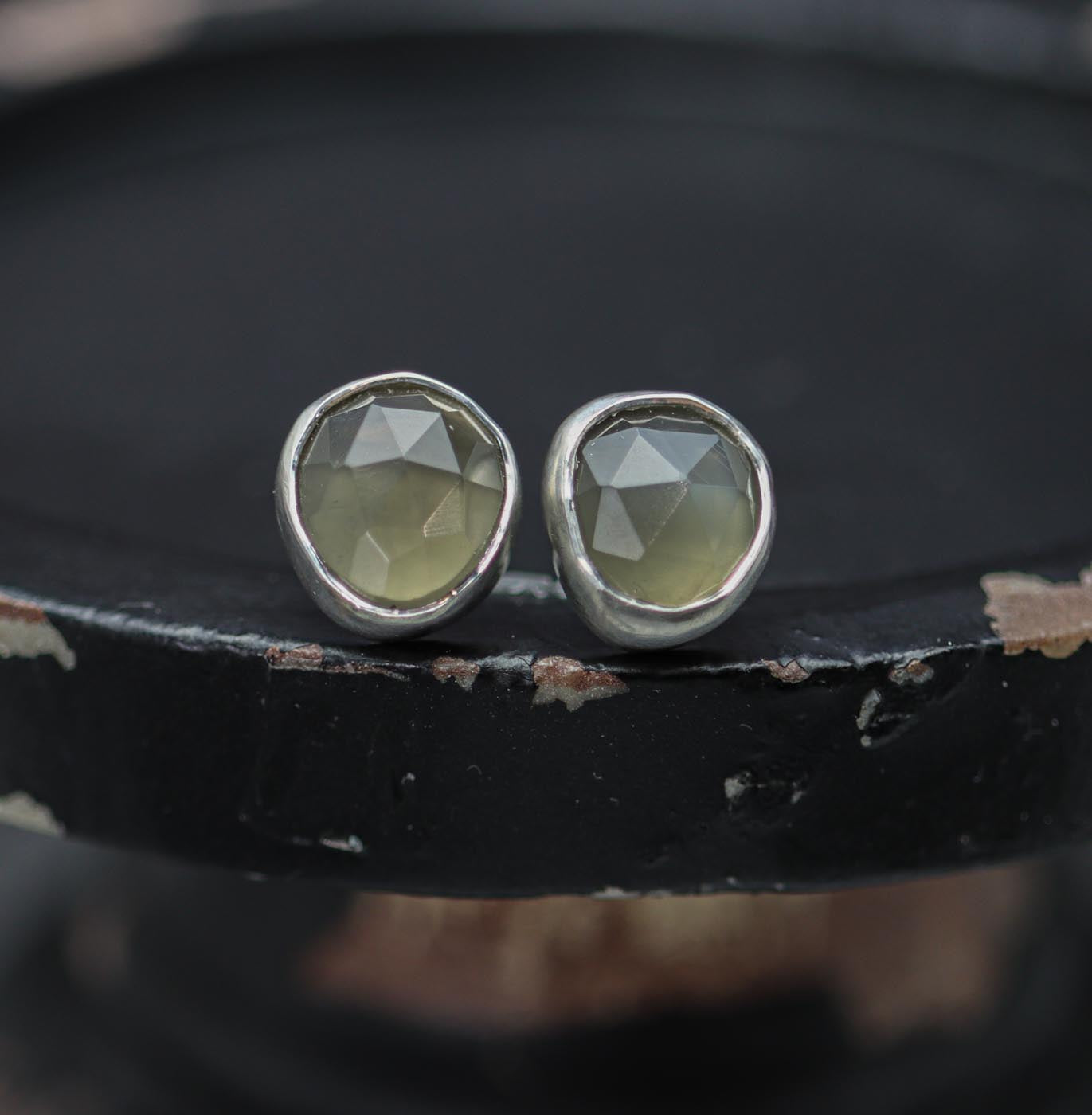 Grey Moonstone Stud Earrings Sterling Silver