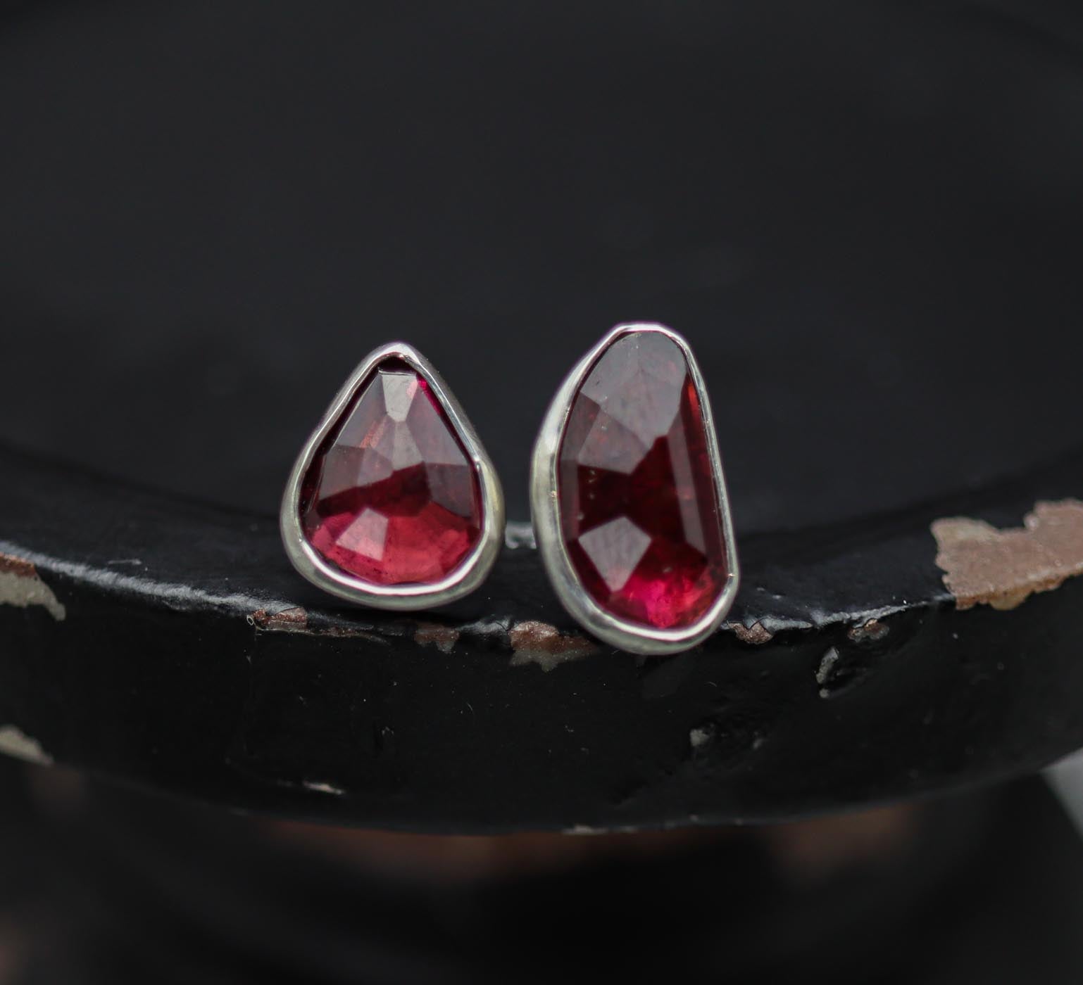 Dark Pink Tourmaline Mismatched Stud Earrings Sterling Silver