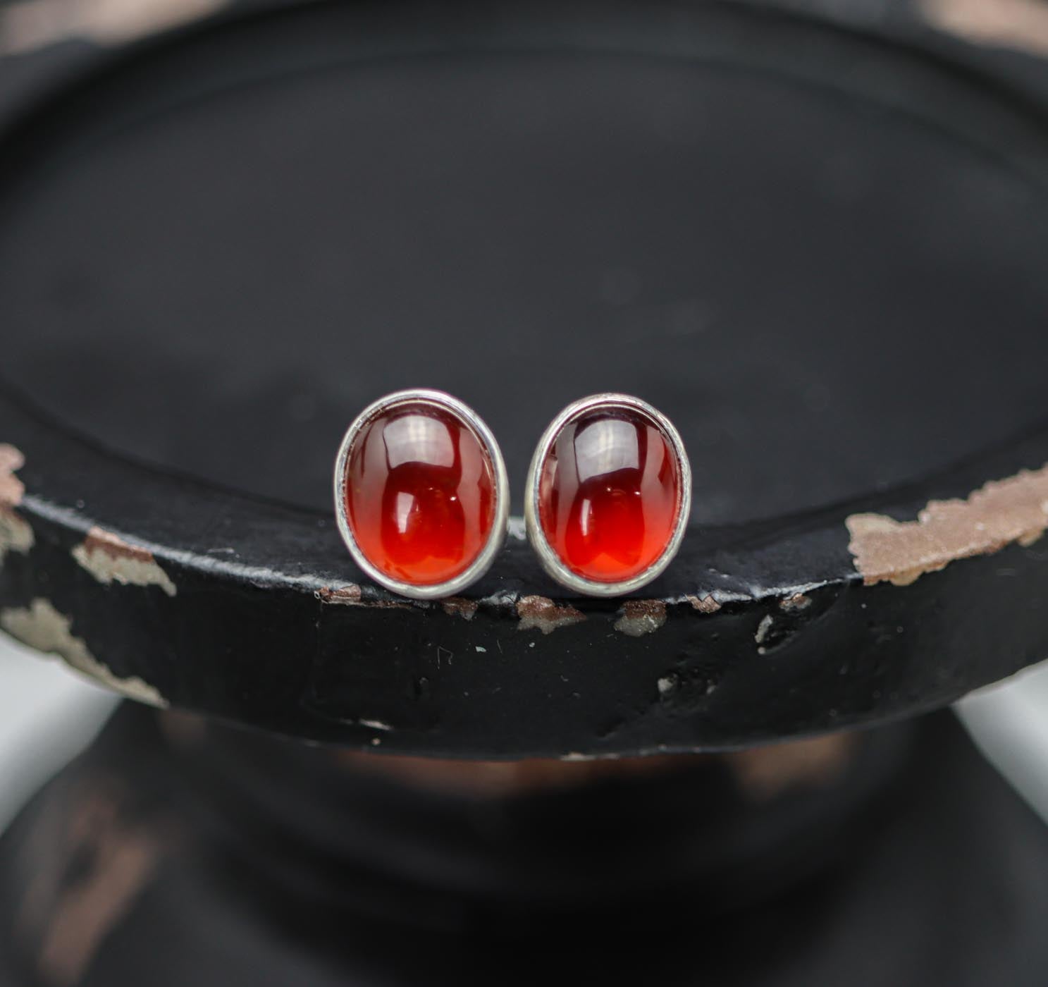 Luminous Deep Orange Hessonite Garnet Stud Earrings Sterling Silver