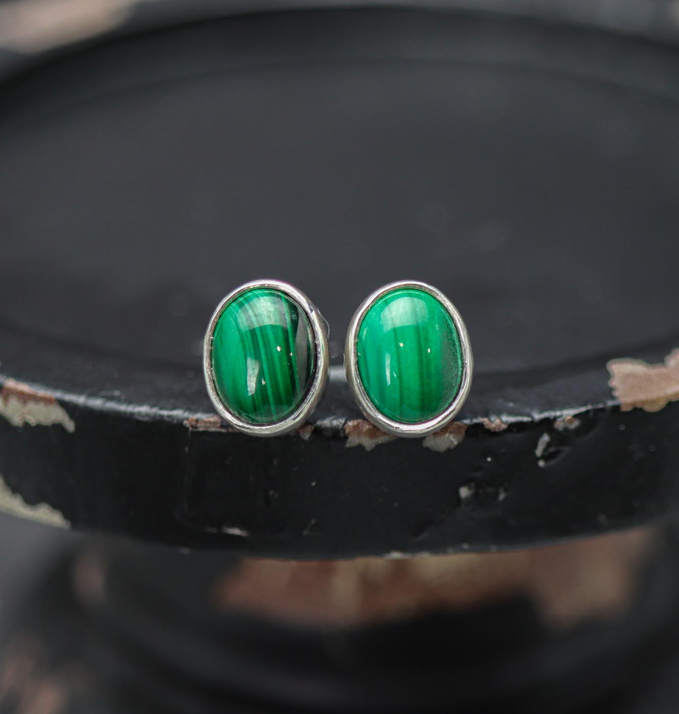Green Malachite Stud Earrings Sterling Silver