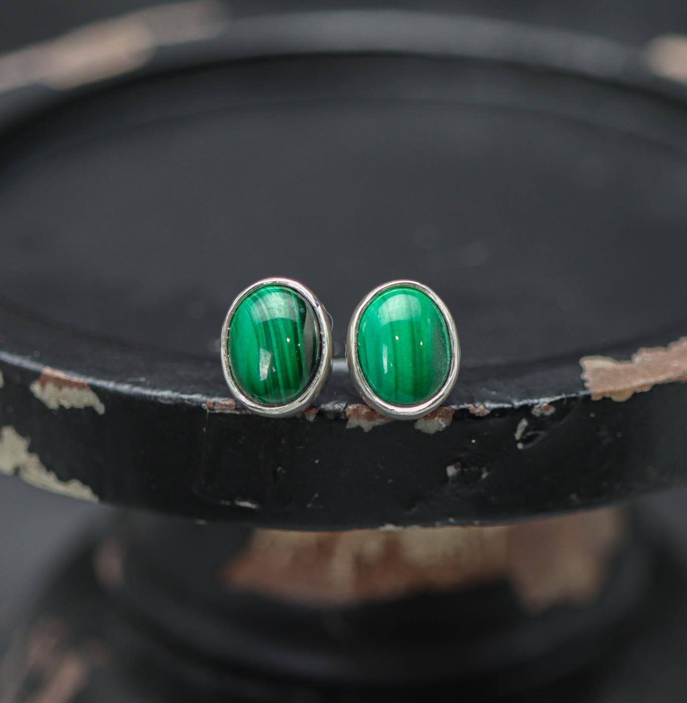 Green Malachite Stud Earrings Sterling Silver