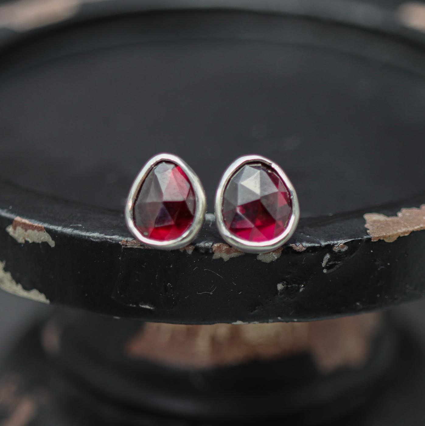 Red Garnet Stud Earrings Sterling Silver