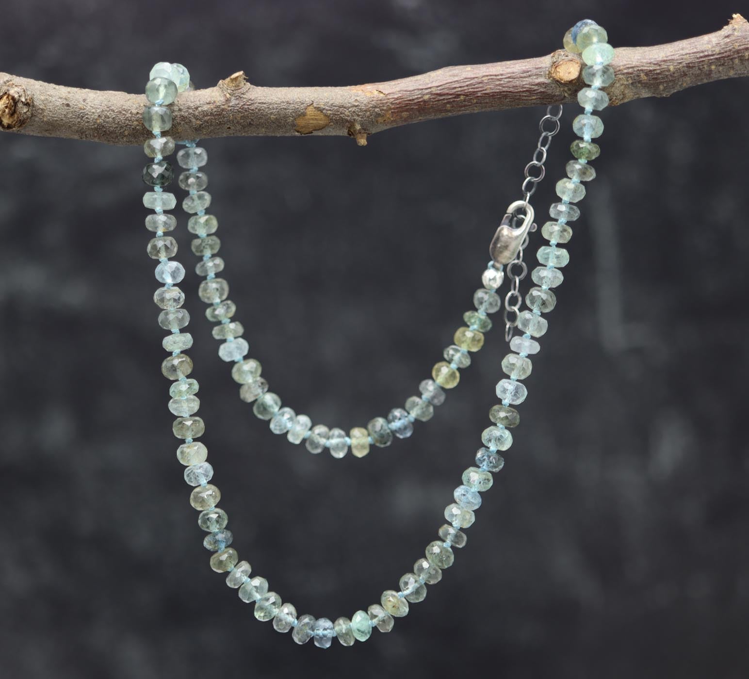 Moss Aquamarine Hand Knotted Bead Necklace Sterling Silver 16 Inch