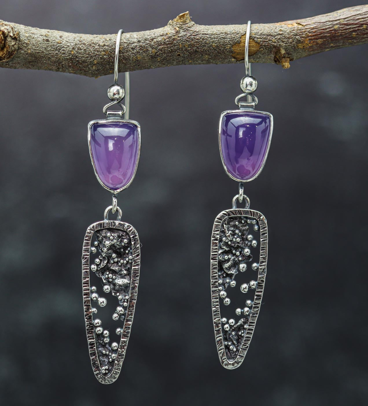 Lavender Chalcedony Reticulation and Granulation Earrings