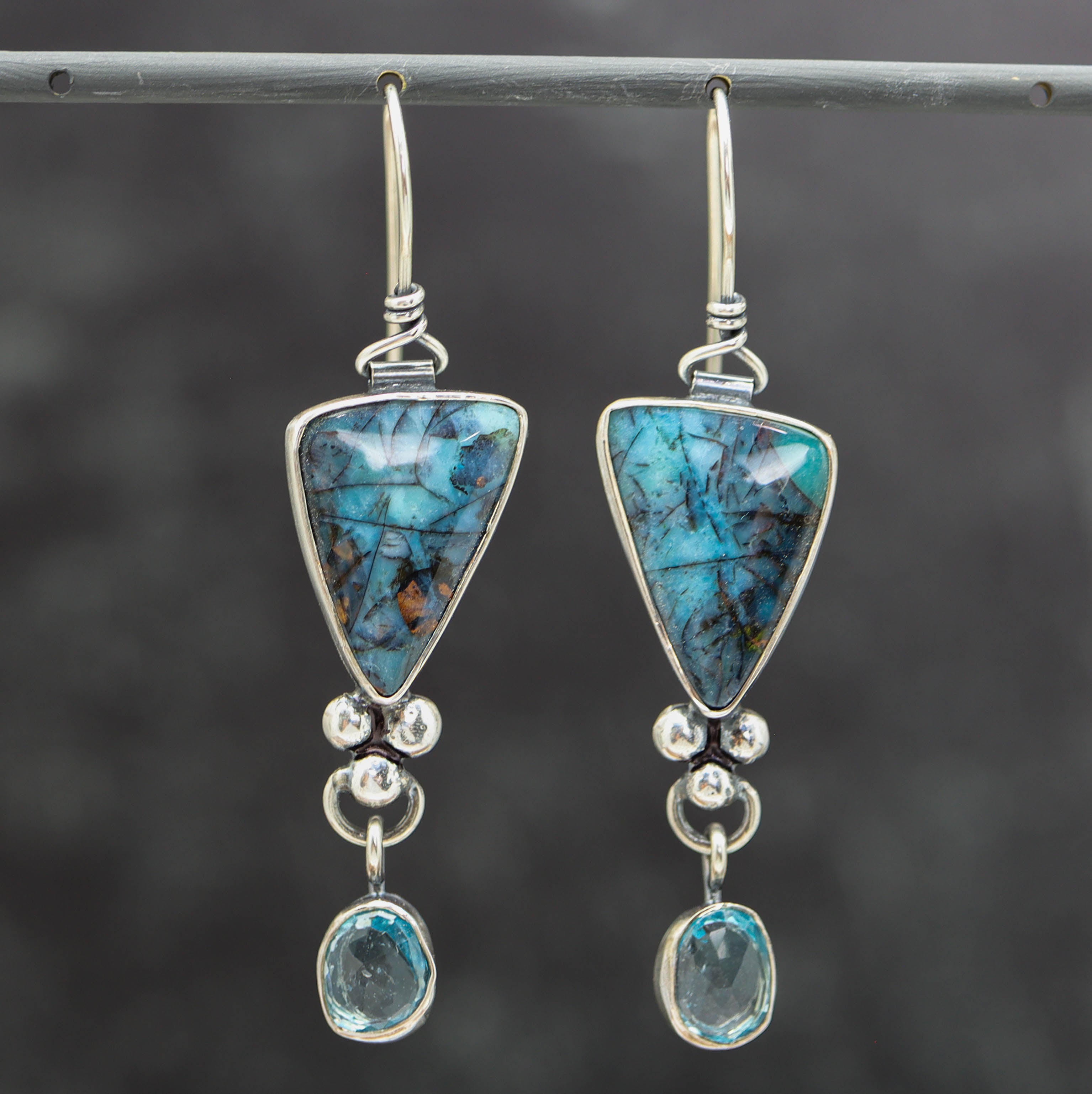 Opalized Petrified Wood and Blue Topaz Dangle Earrings Sterling Silver