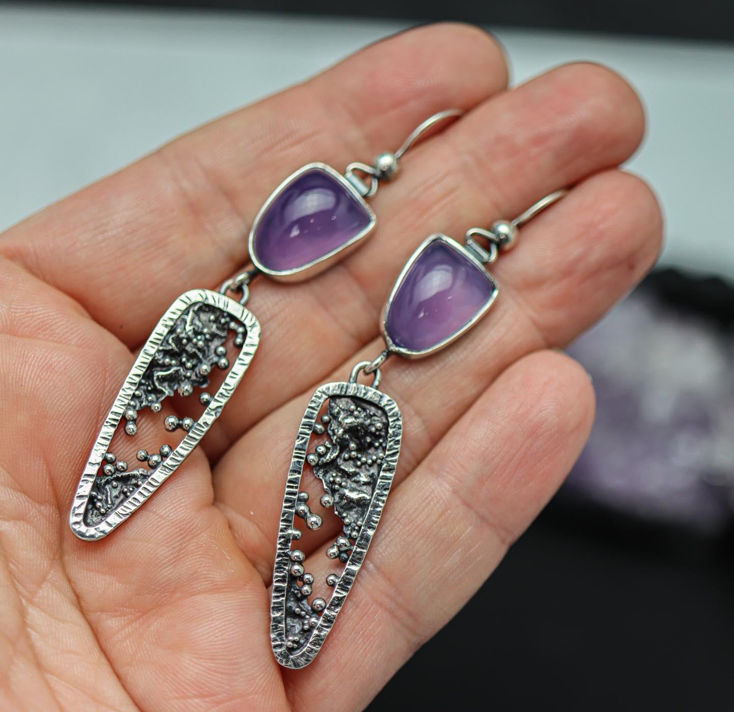 Lavender Chalcedony Reticulation and Granulation Earrings