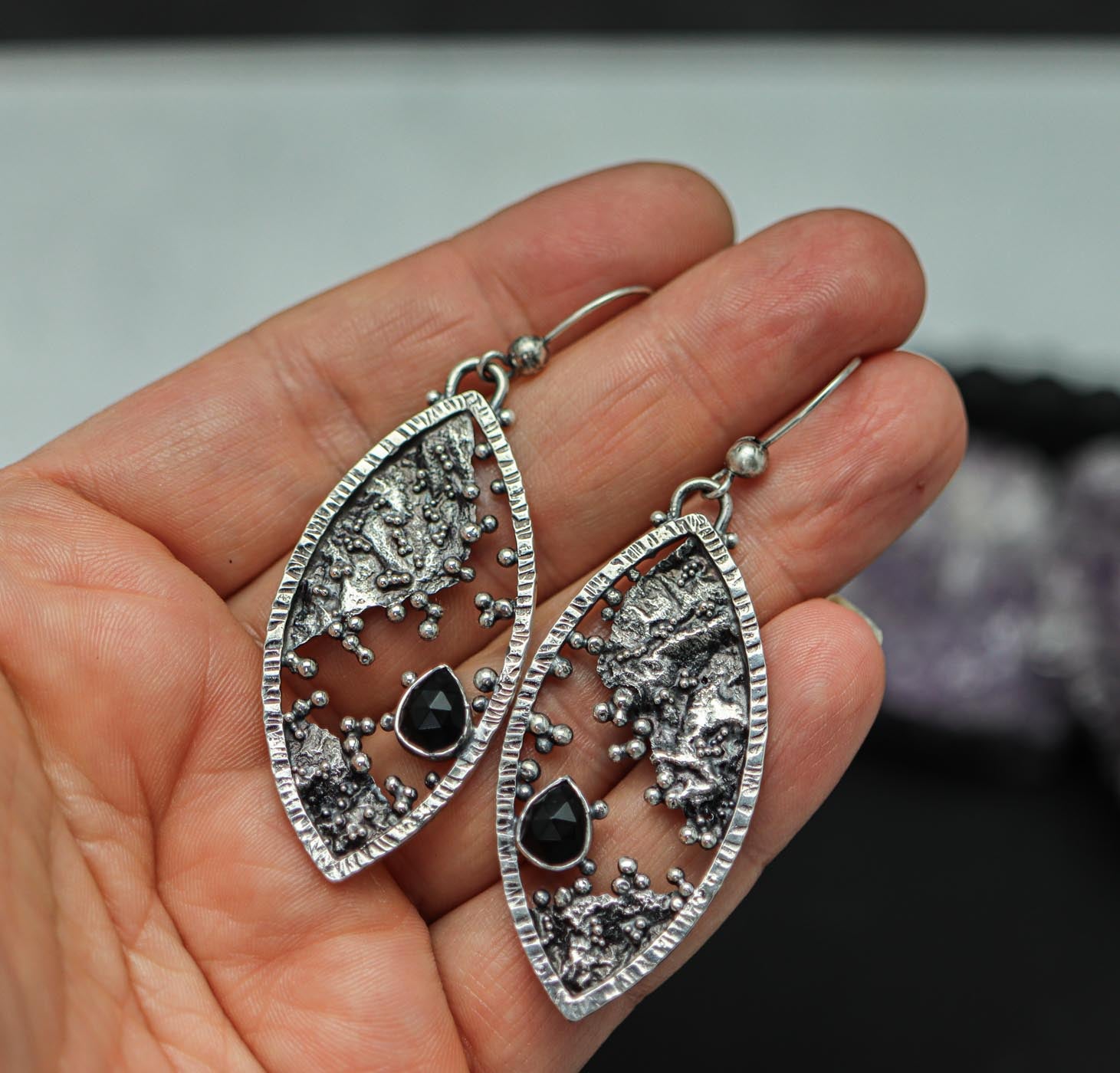 Flashy Black Spinel Reticulation and Granulation Earrings