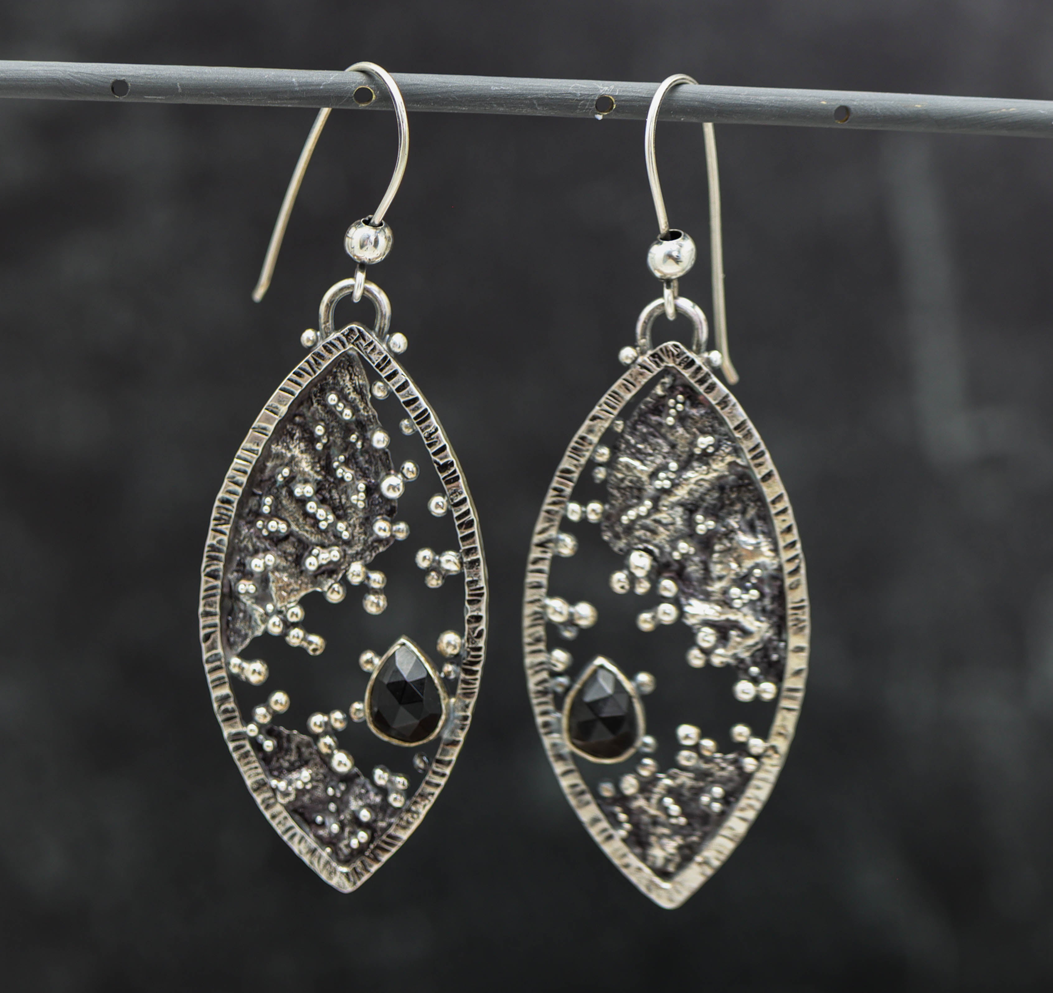 Flashy Black Spinel Reticulation and Granulation Earrings