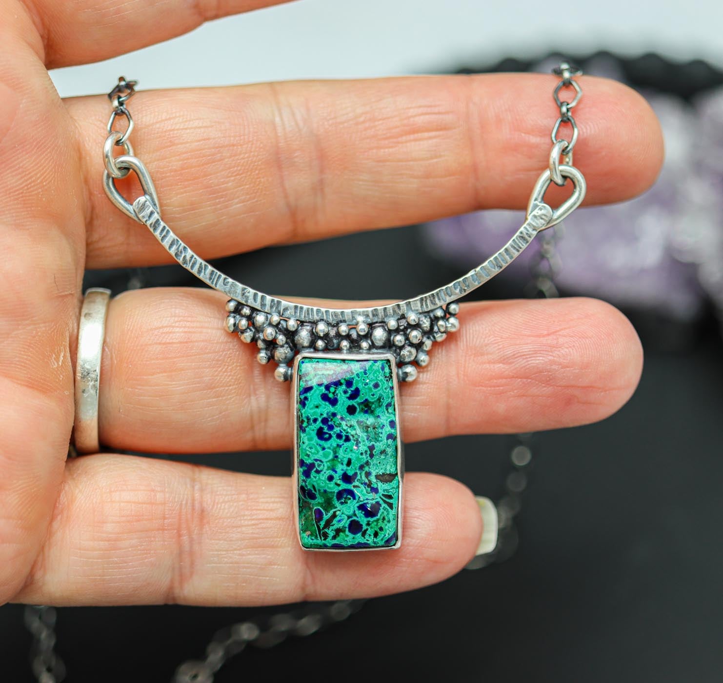 Azurite Malachite Sterling Silver One Of a Kind Gemstone Necklace