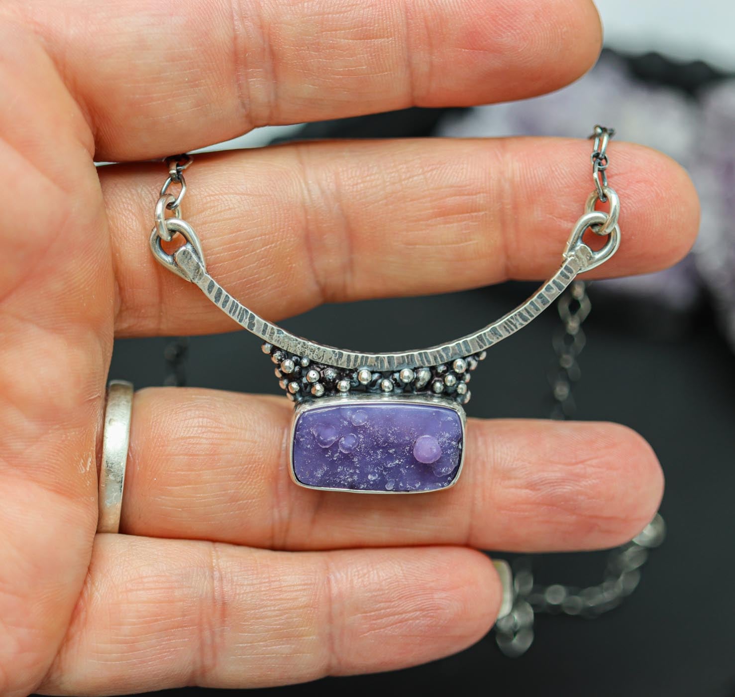 Grape Agate Pendant Necklace in Sterling Silver