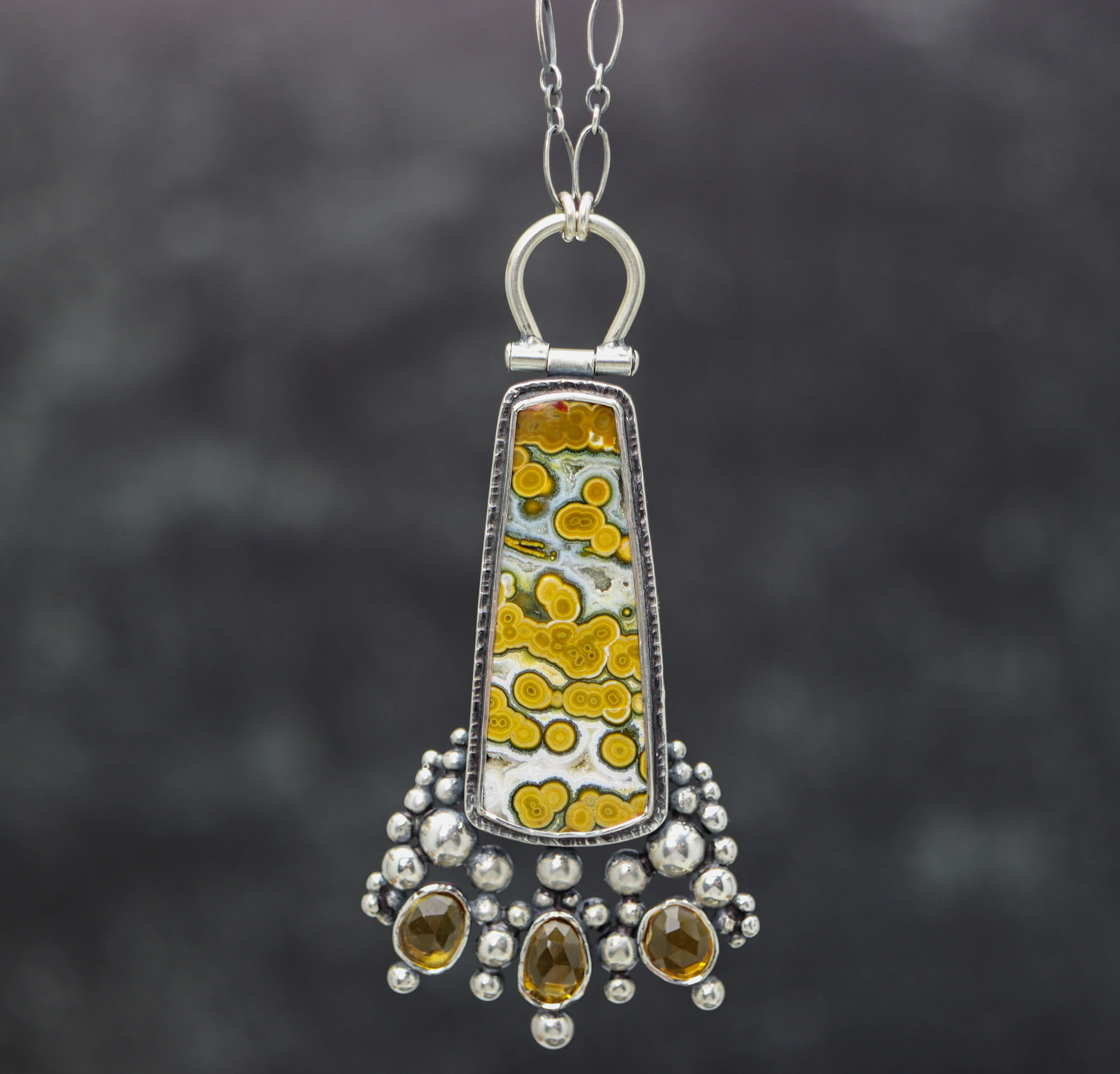 Orbicular Jasper and Mandarine Citrine Pendant Necklace Sterling Silver