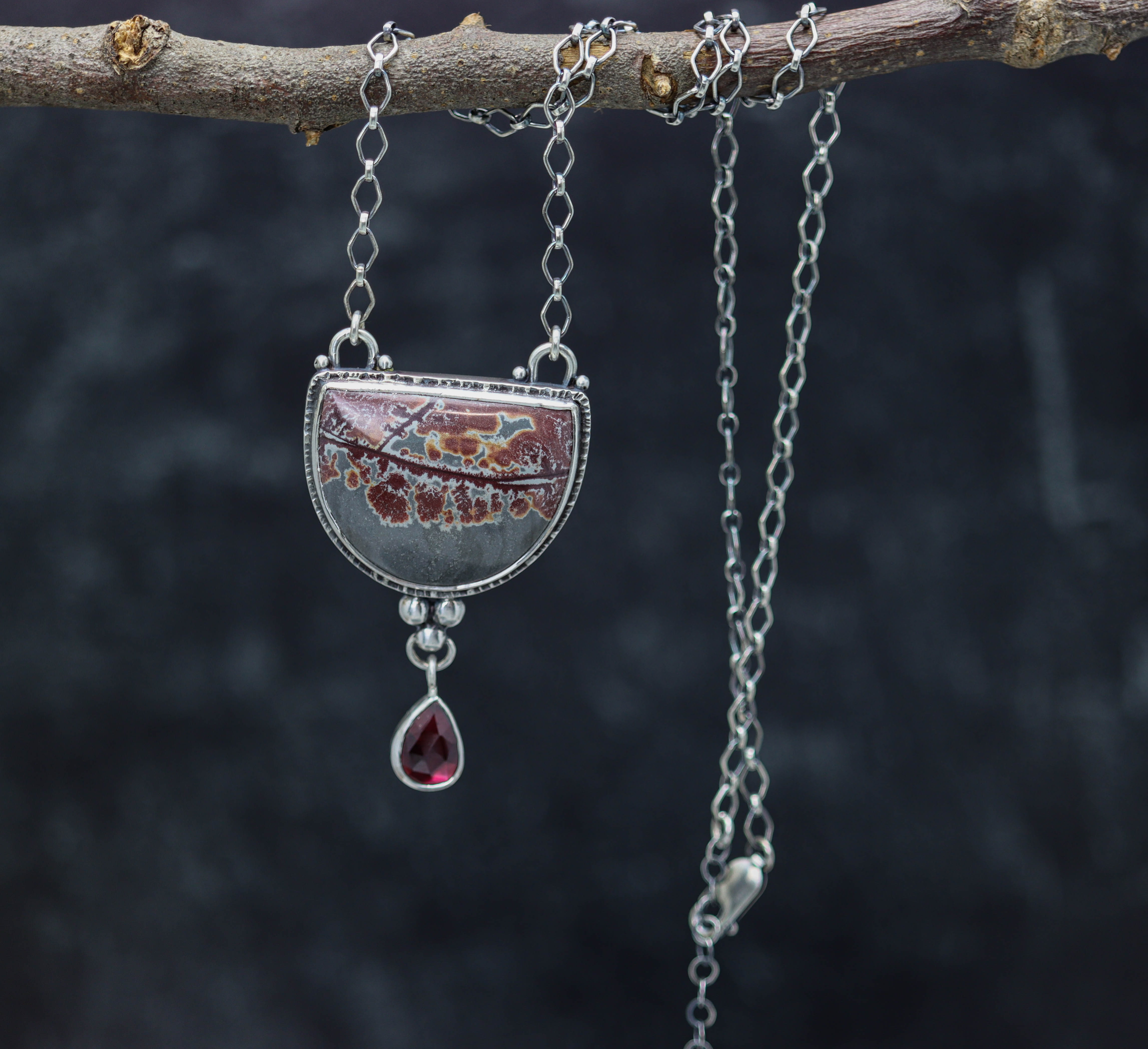 Sonoran Dendritic Rhyolite Jasper and Garnet Necklace Sterling Silver