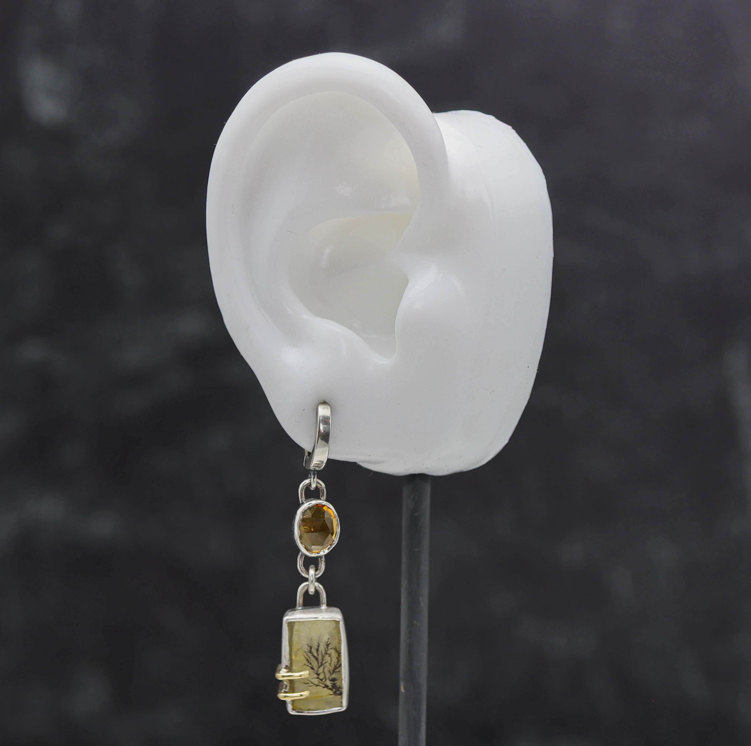 Dendritic Quartz and Citrine Dangle Earrings Sterling Silver and 18k Gold