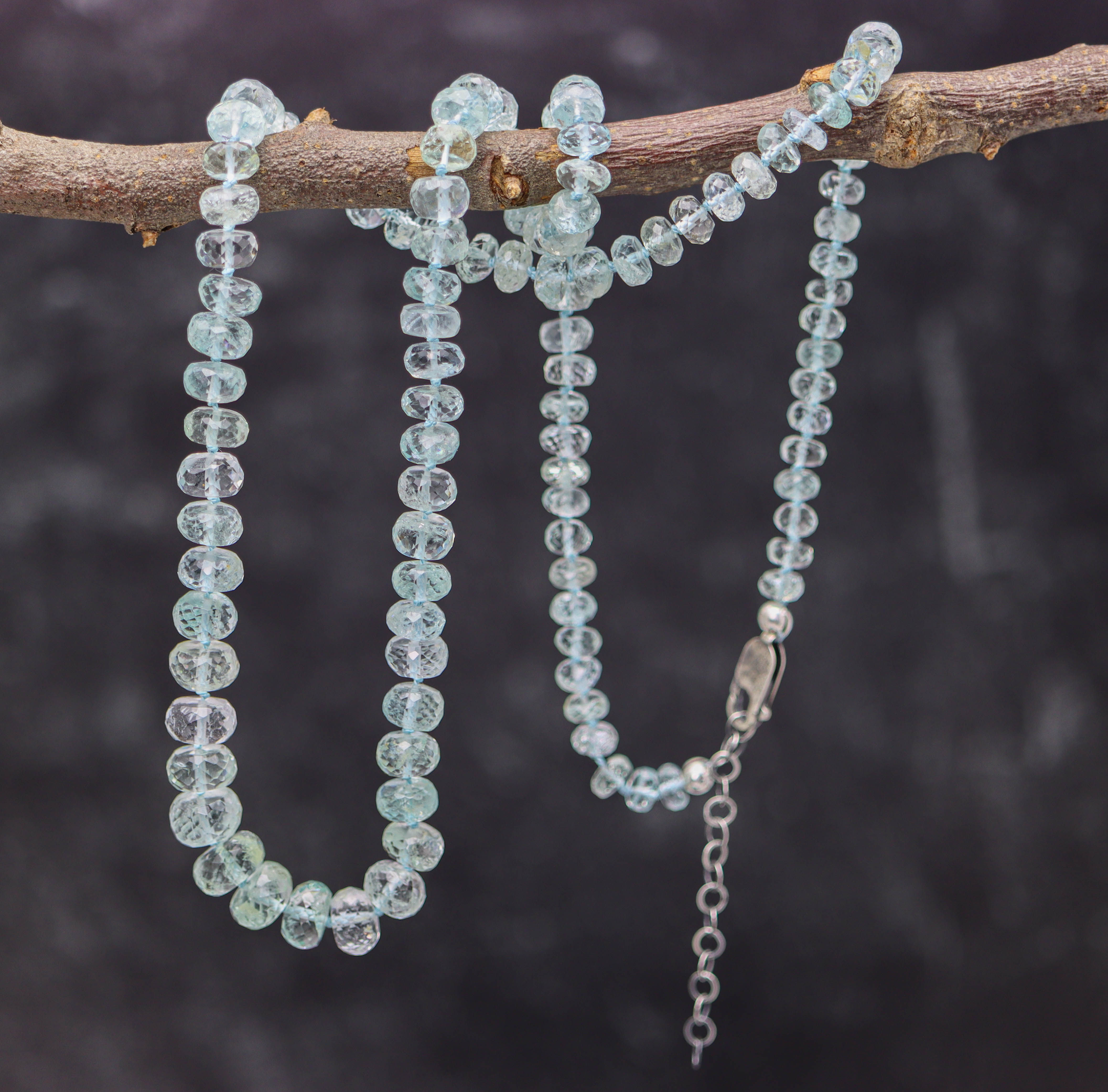 Icy Blue Aquamarine Hand Knotted Bead Necklace Sterling Silver