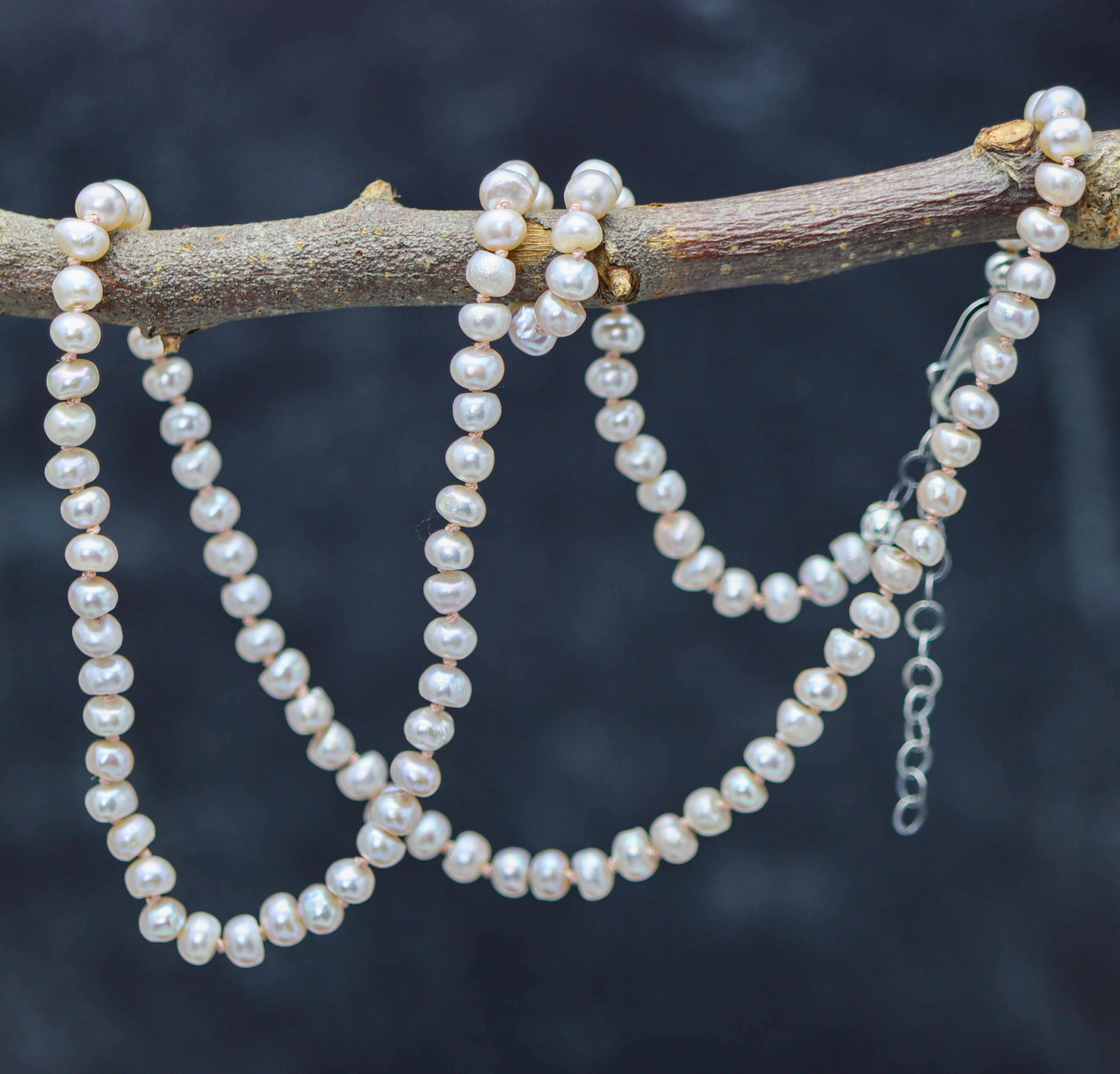 Light Pink Pearl Hand Knotted Bead Necklace Sterling Silver