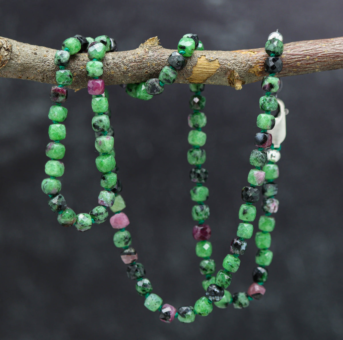 Ruby in Zoisite Hand-Knotted Strand Necklace in Sterling Silver