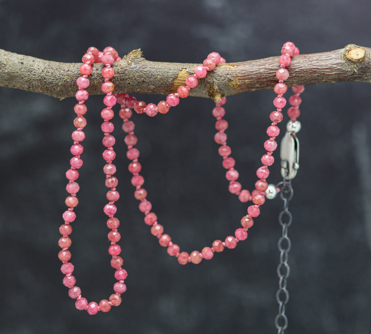 Rhodochrosite Hand-Knotted Strand Necklace in Sterling Silver