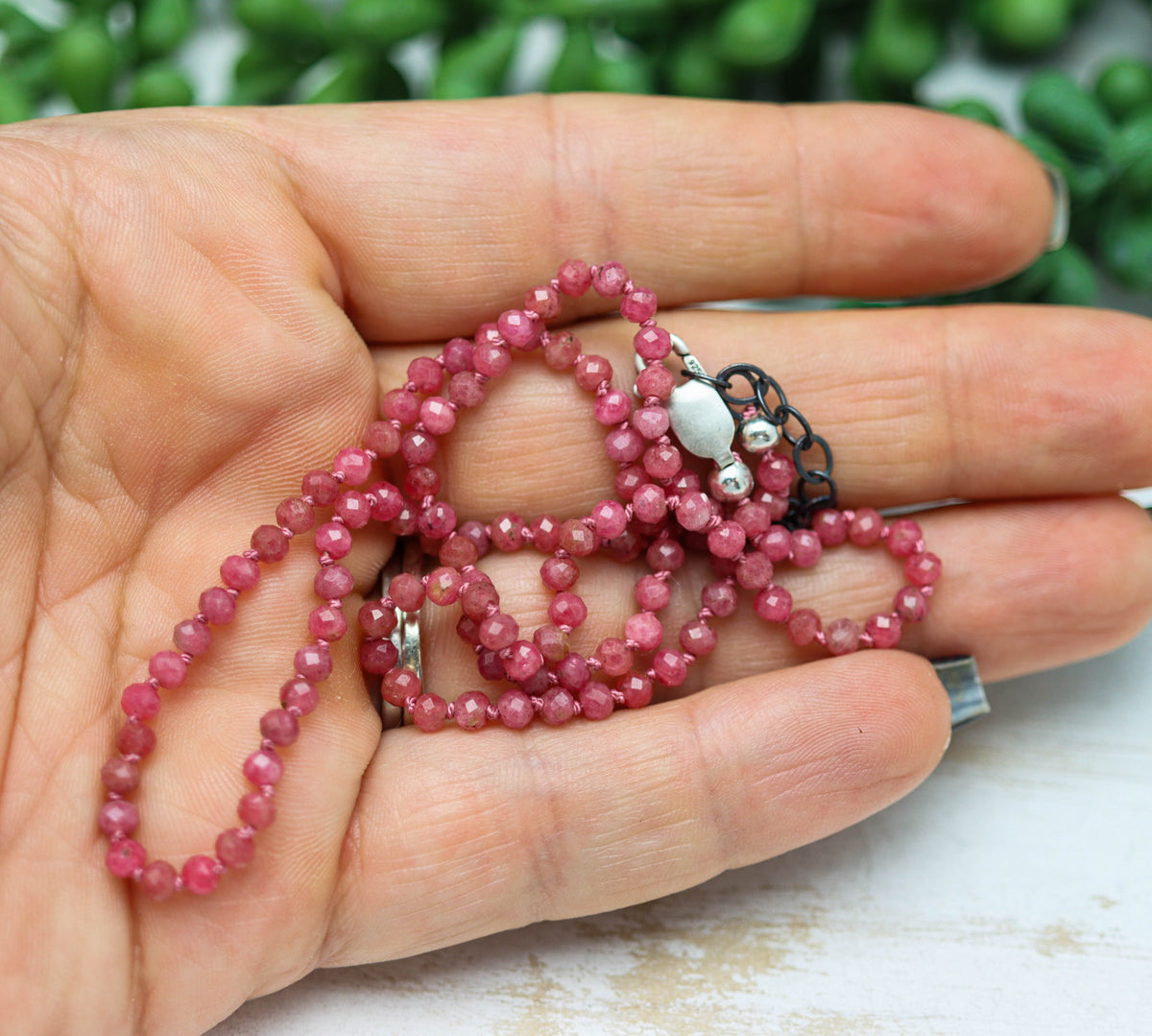 Rhodochrosite Hand-Knotted Strand Necklace in Sterling Silver