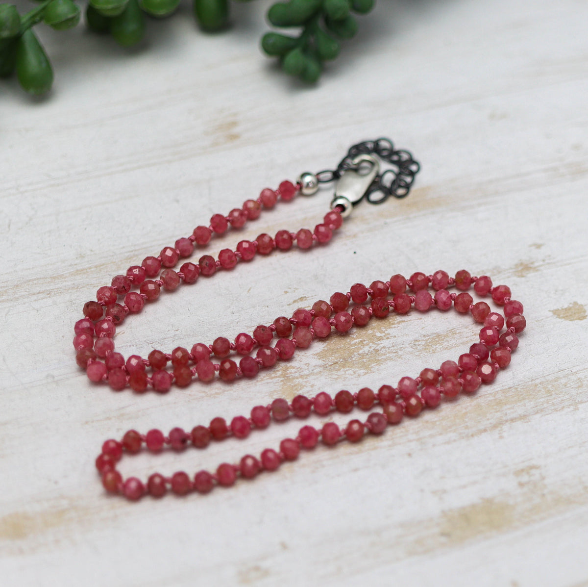 Rhodochrosite Hand-Knotted Strand Necklace in Sterling Silver