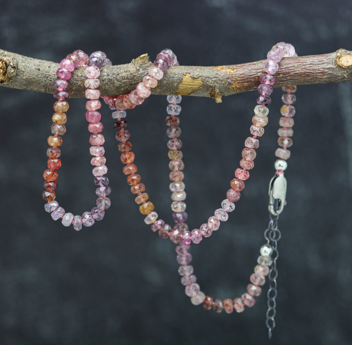 Multi Colored Spinel Hand Knotted Bead Necklace Sterling Silver