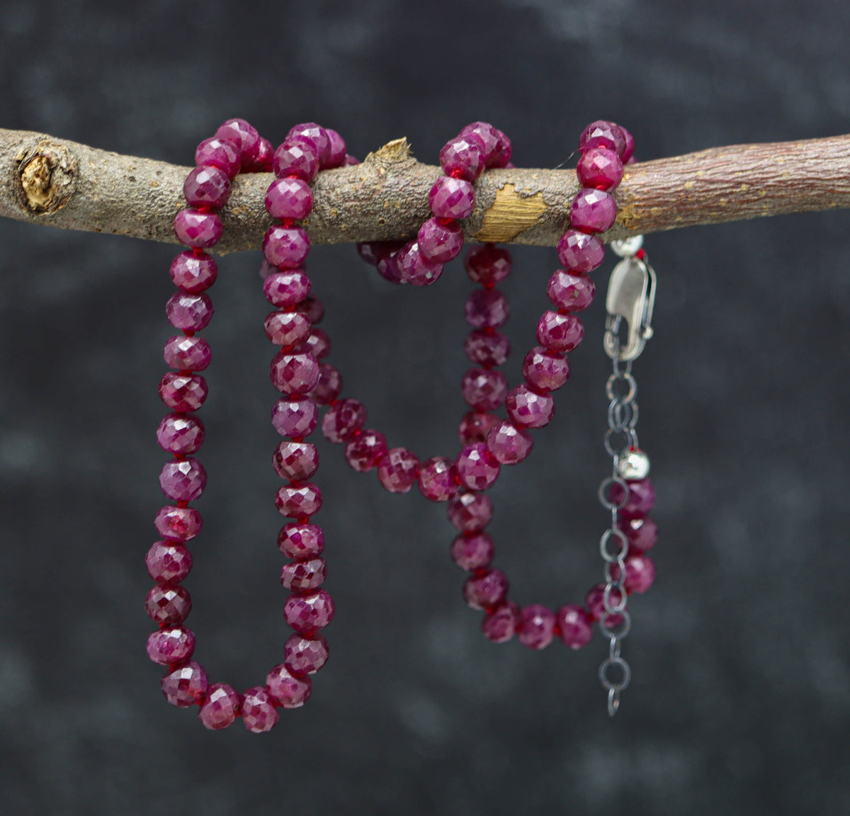 Dark Raspberry Ruby Hand Knotted Bead Necklace Sterling Silver