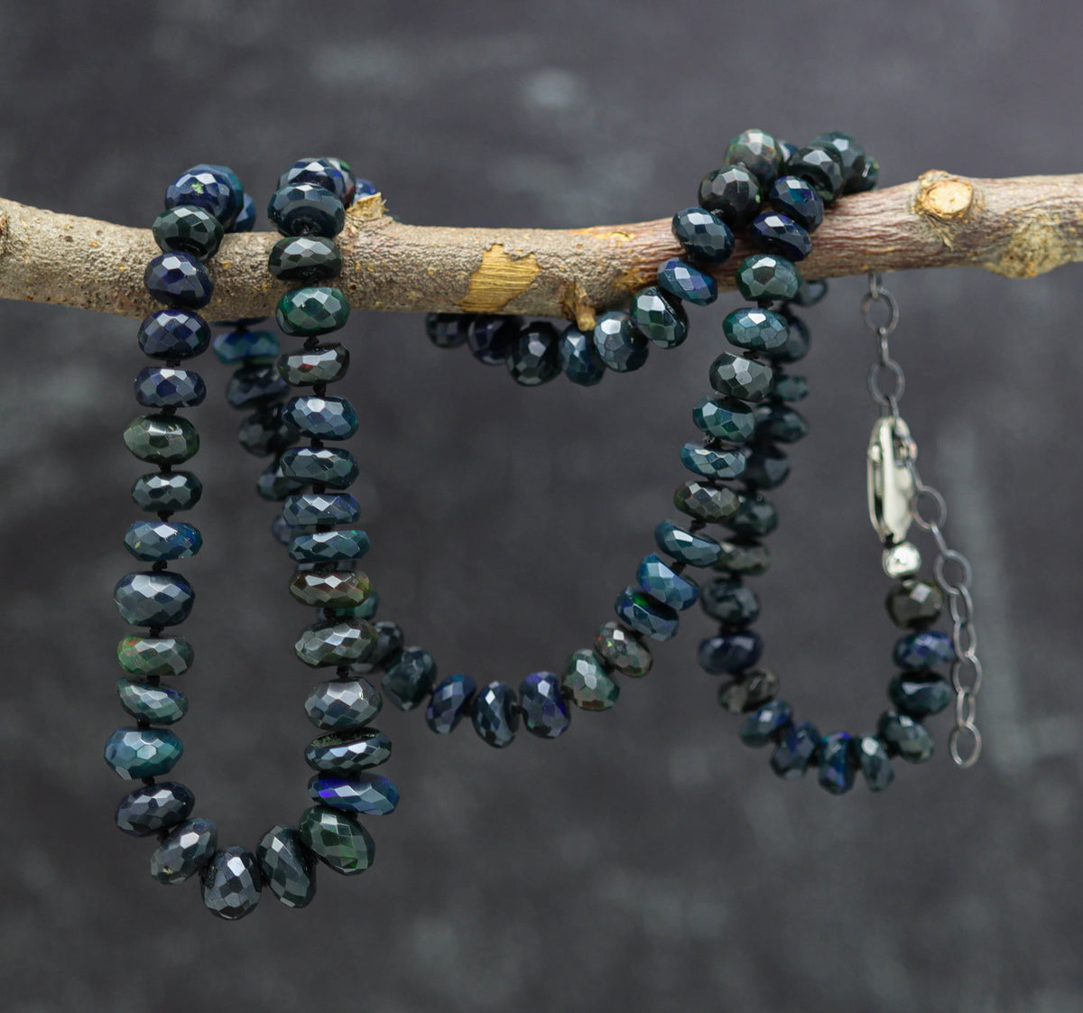 Black Opal Hand Knotted Bead Necklace Sterling Silver