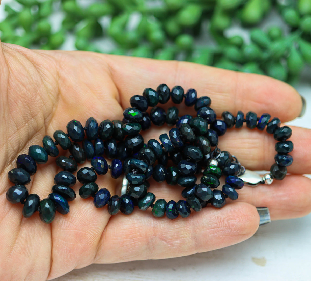 Black Opal Hand Knotted Bead Necklace Sterling Silver