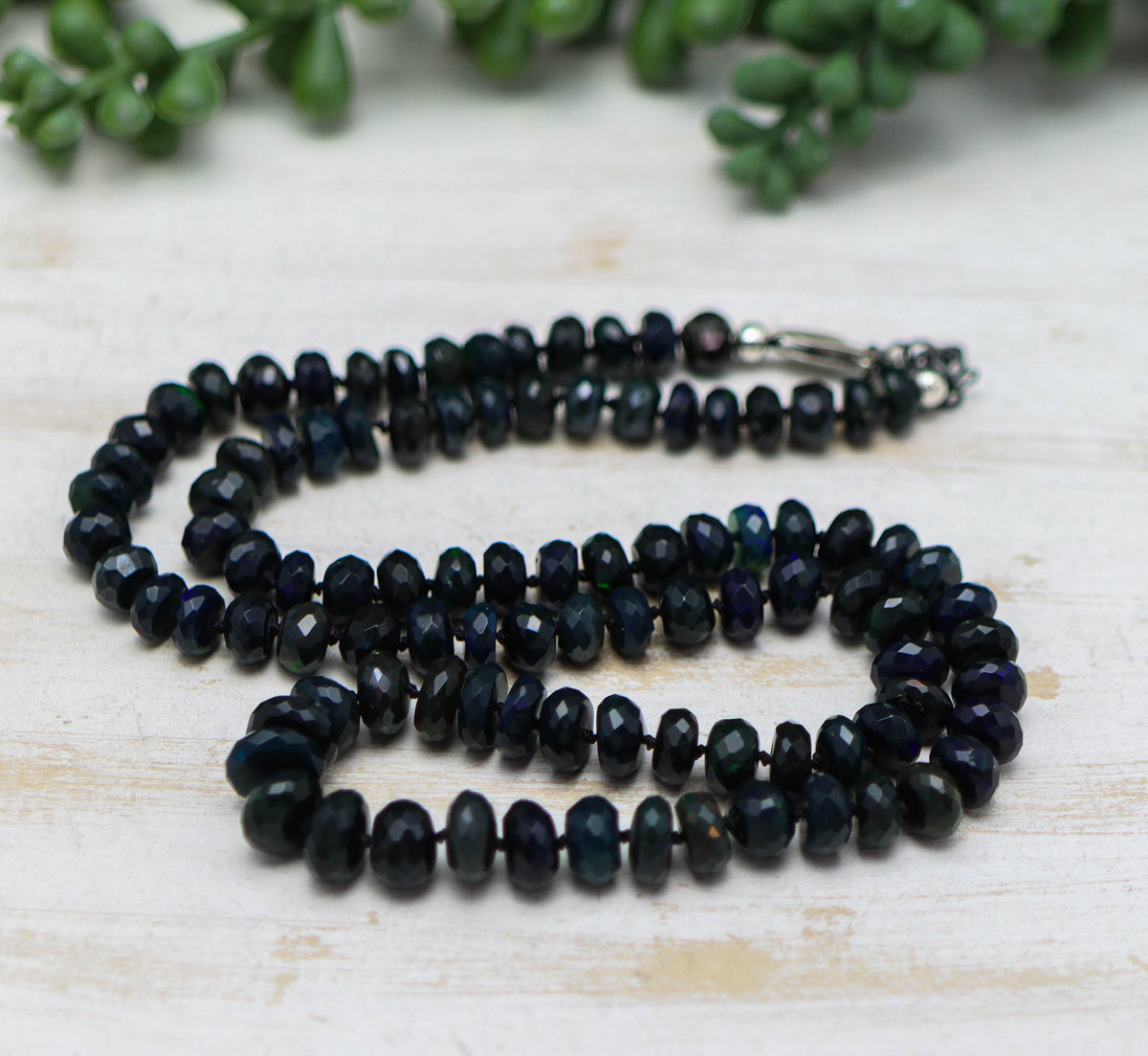 Black Opal Hand Knotted Bead Necklace Sterling Silver