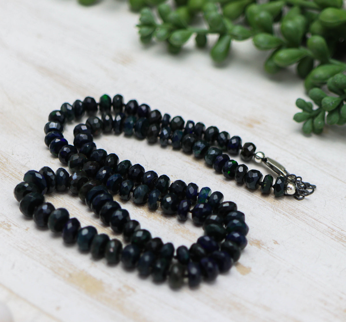 Black Opal Hand Knotted Bead Necklace Sterling Silver