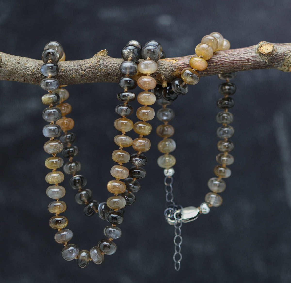 Australian Moonstone Hand Knotted Bead Necklace Sterling Silver