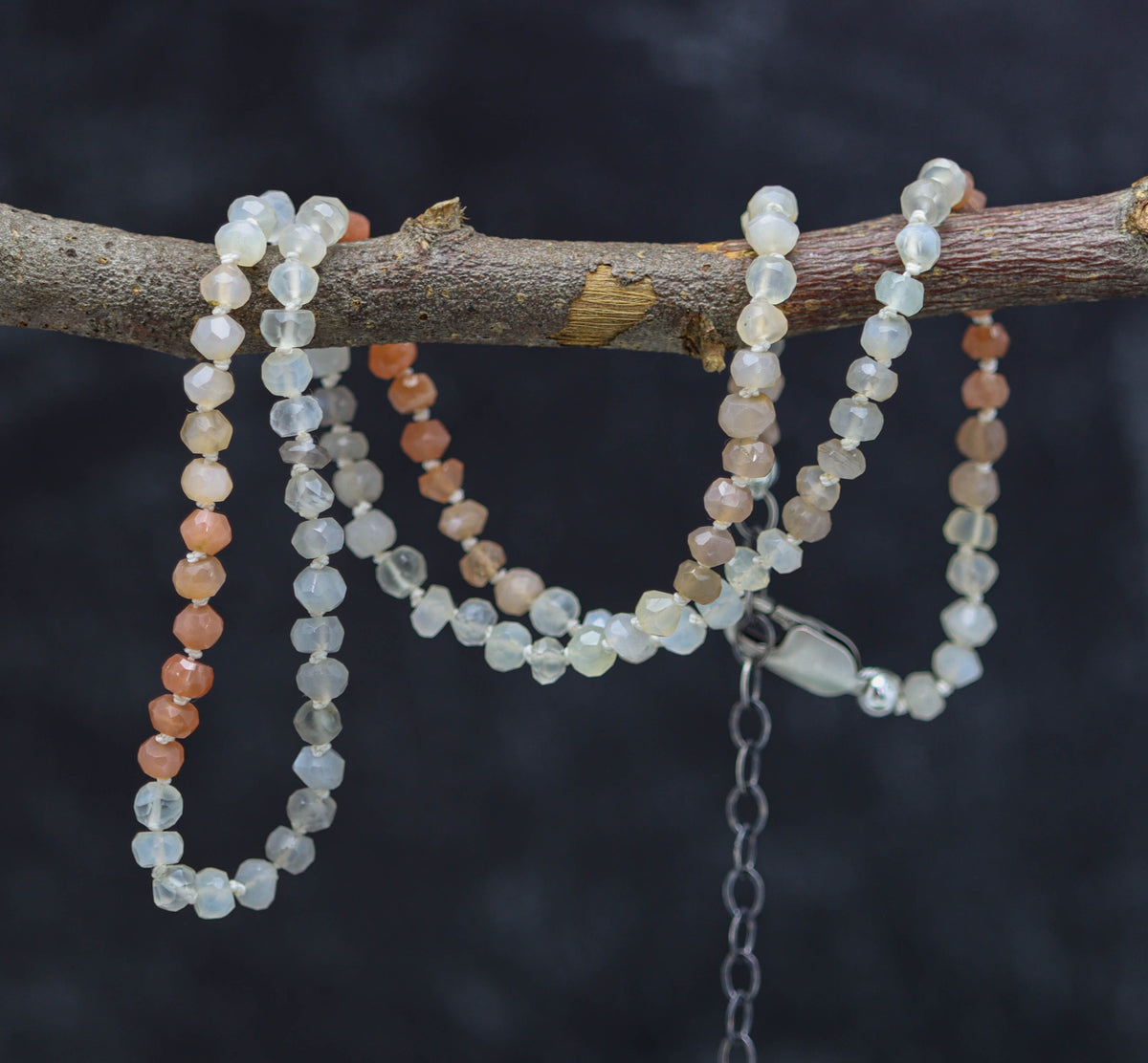 Multicolor Moonstone Hand Knotted Bead Necklace Sterling Silver