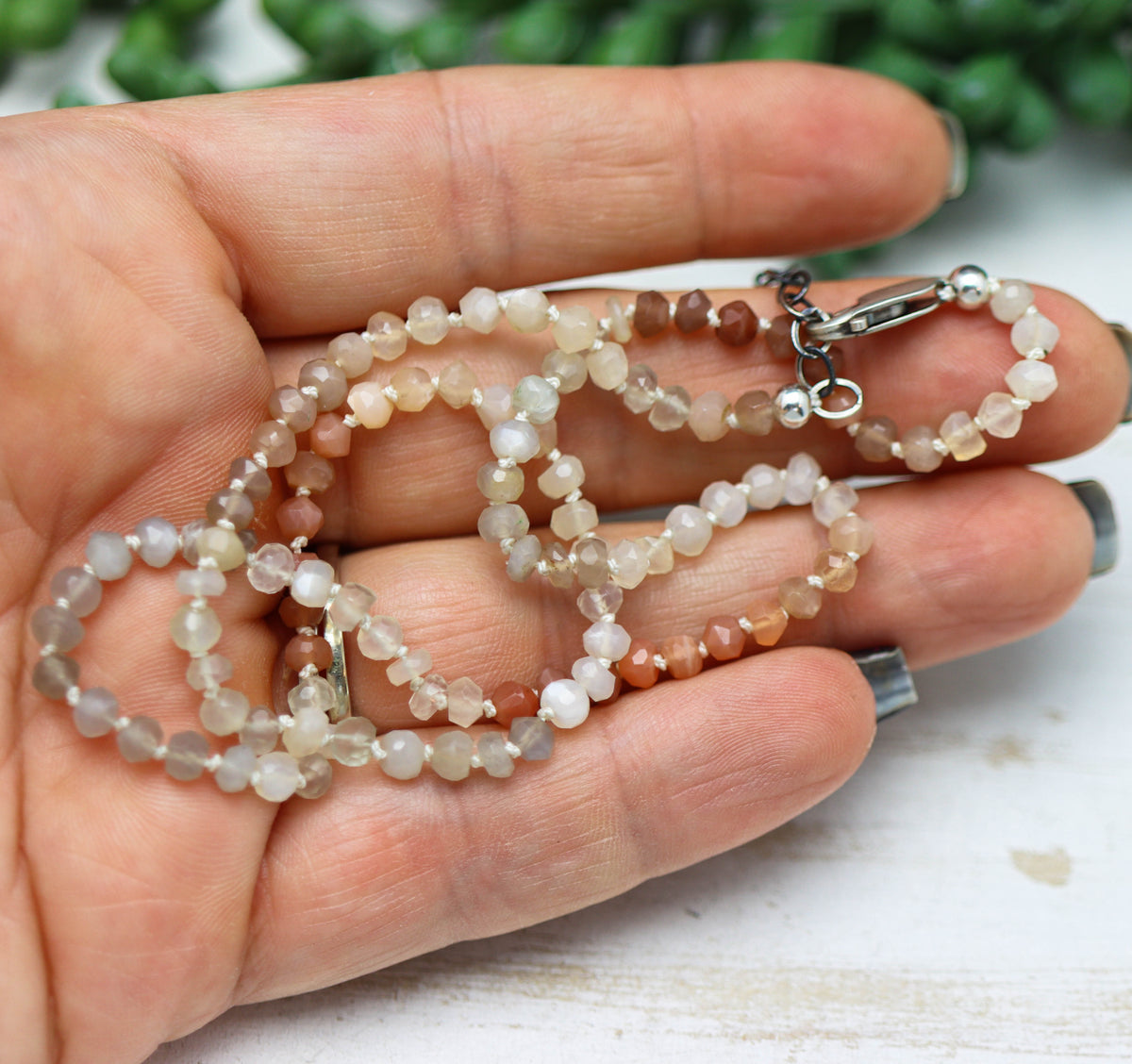 Multicolor Moonstone Hand Knotted Bead Necklace Sterling Silver