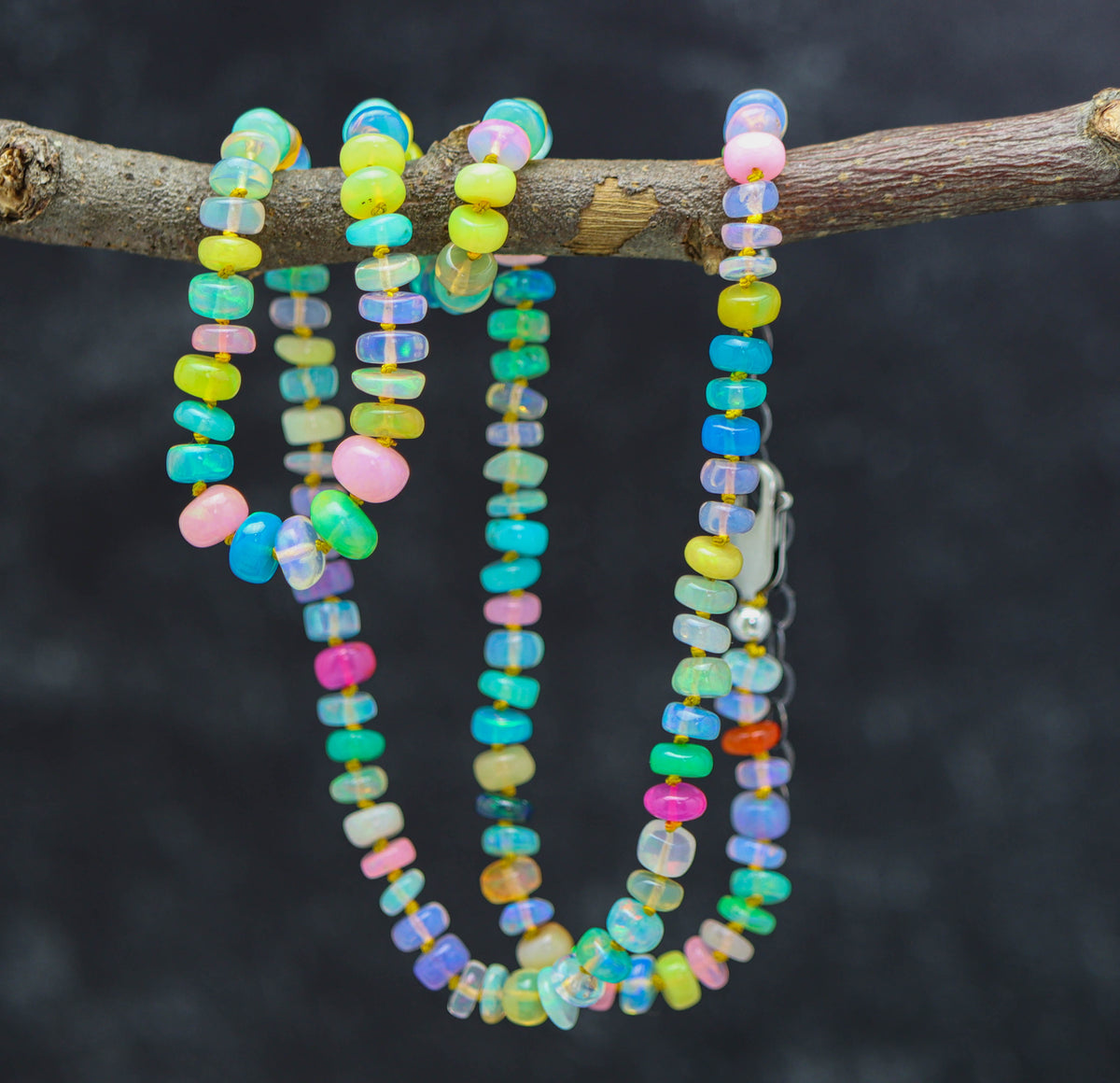 Multicolor Opal Hand-Knotted Strand Necklace in Sterling Silver