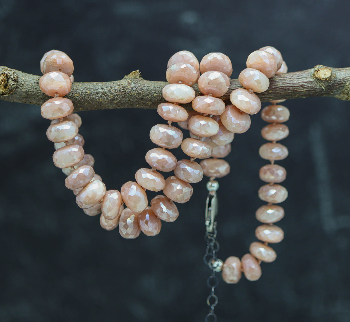 Peach Moonstone Hand Knotted Bead Necklace Sterling Silver
