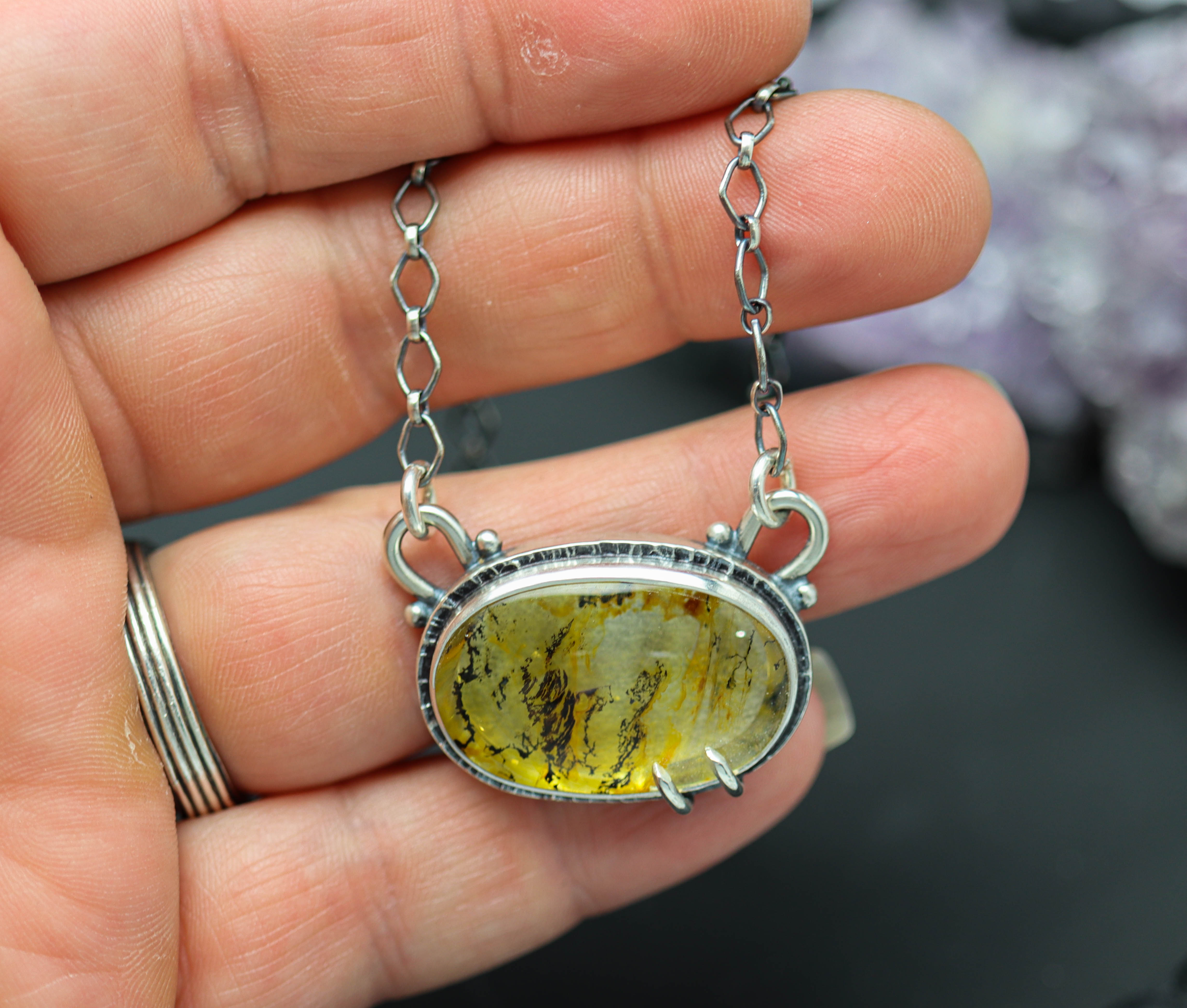 Golden Dendritic Quartz Sterling Silver Pendant Necklace