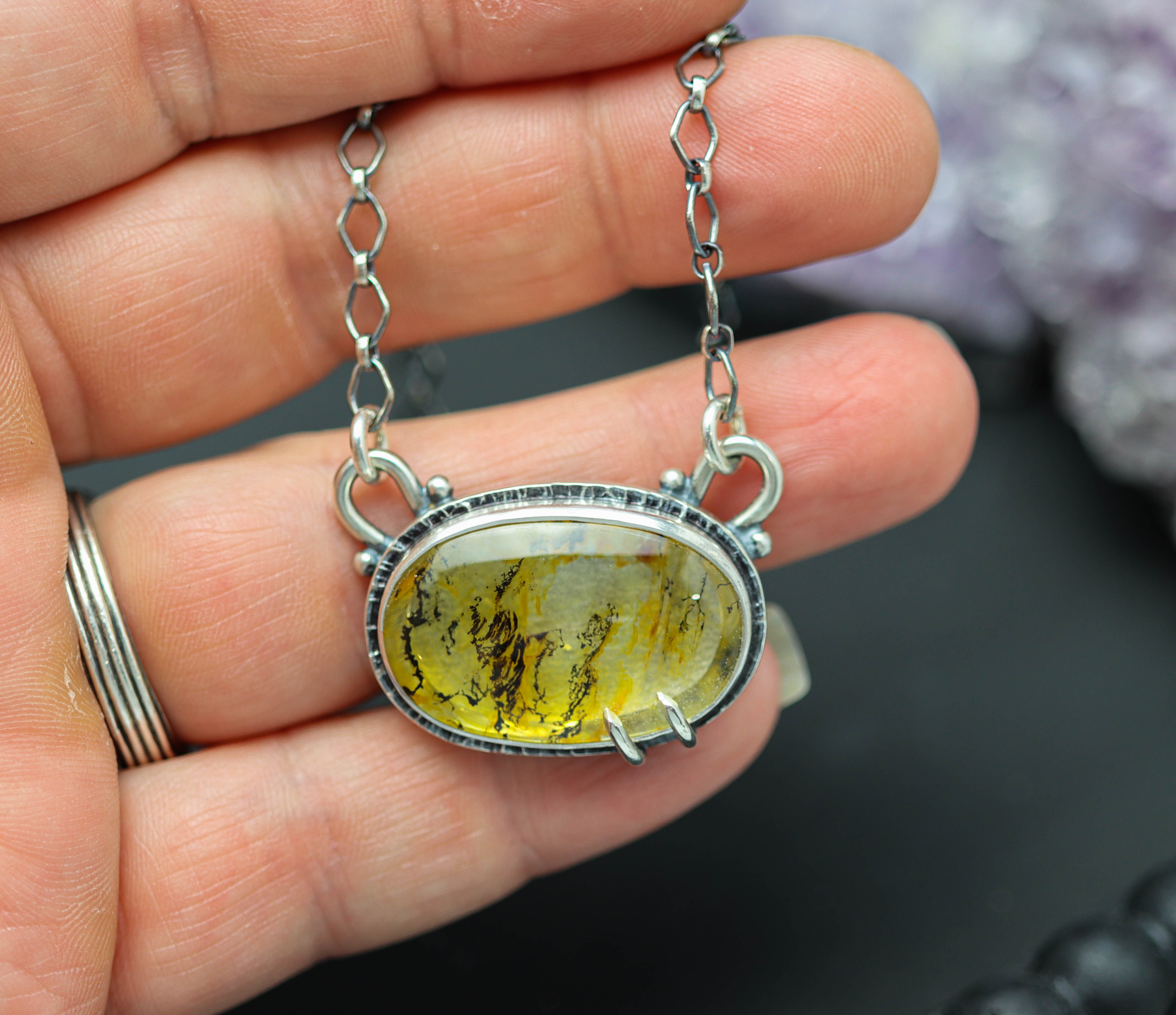 Golden Dendritic Quartz Sterling Silver Pendant Necklace