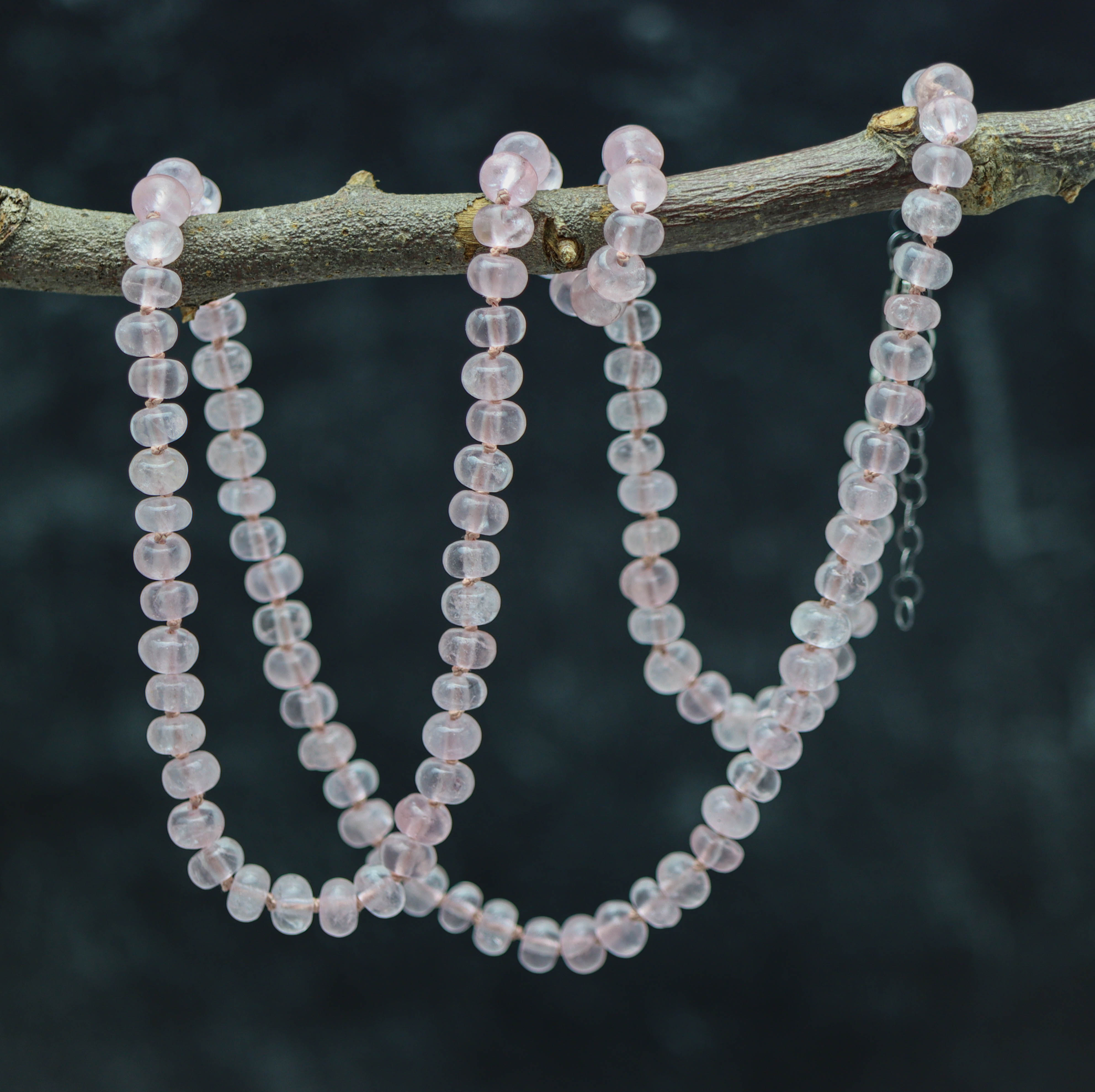 Rose Quartz Hand Knotted Bead Necklace Sterling Silver 25 inch